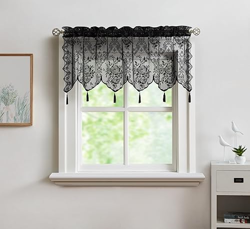 Miniatura 10 de LinenZone Par de 2 paneles de cortina de encaje con cenefa adjunta y 6 borlas. Cortinas de encaje transparente para sala de estar, comedor,