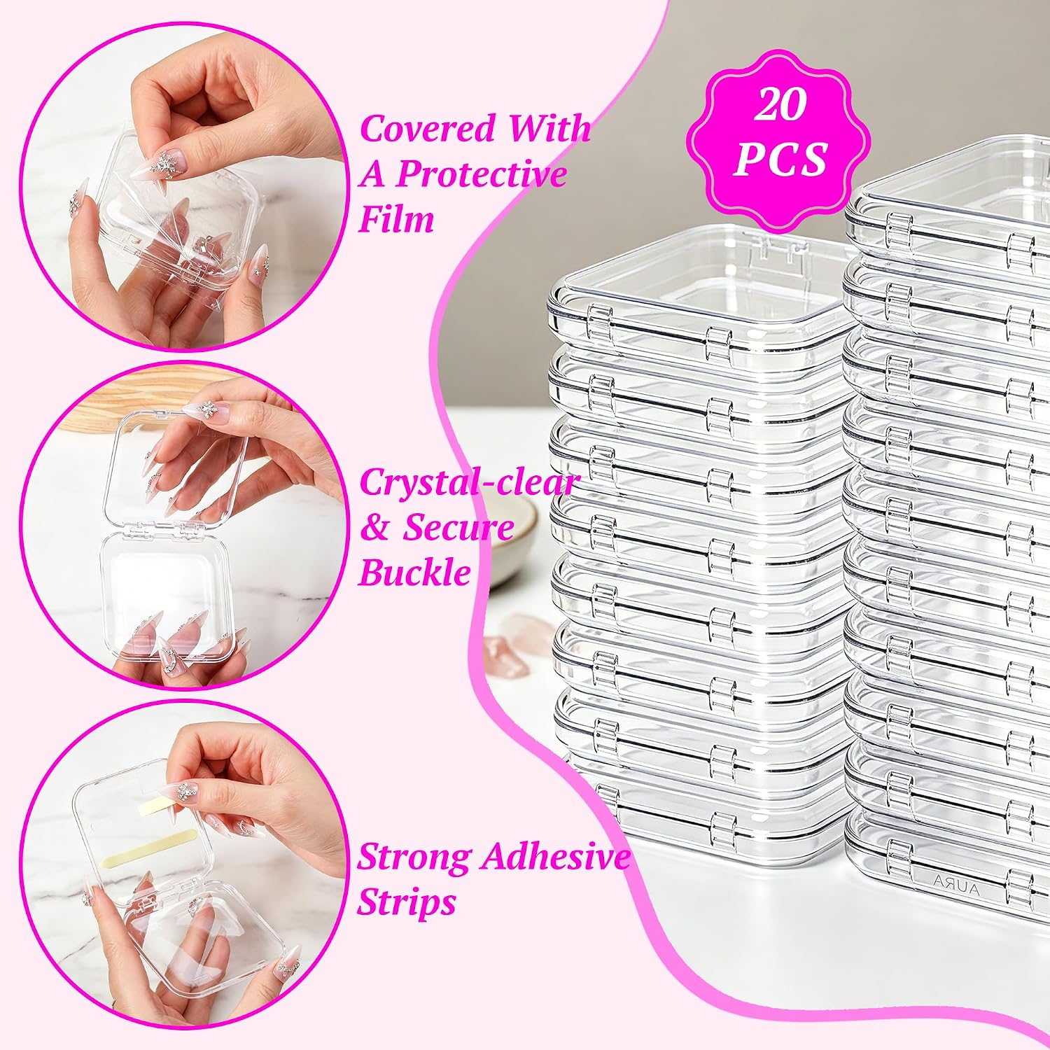 20Pcs Press on Nail Case with 60 Adhesive Tabs