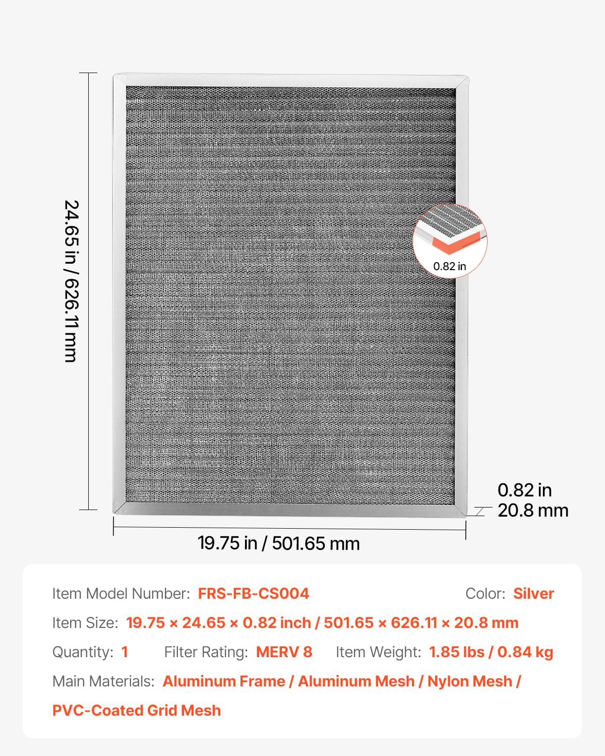 VEVOR Elektrostatischer Luftfilter, 501,65x626,11x20,8mm, Ersatz Filter, waschbarer & wiederverwendbarer Aluminium-AC/HVAC-Ofenfilter, MERV 8, lange Lebensdauer, gesünderes Zuhause oder Büro