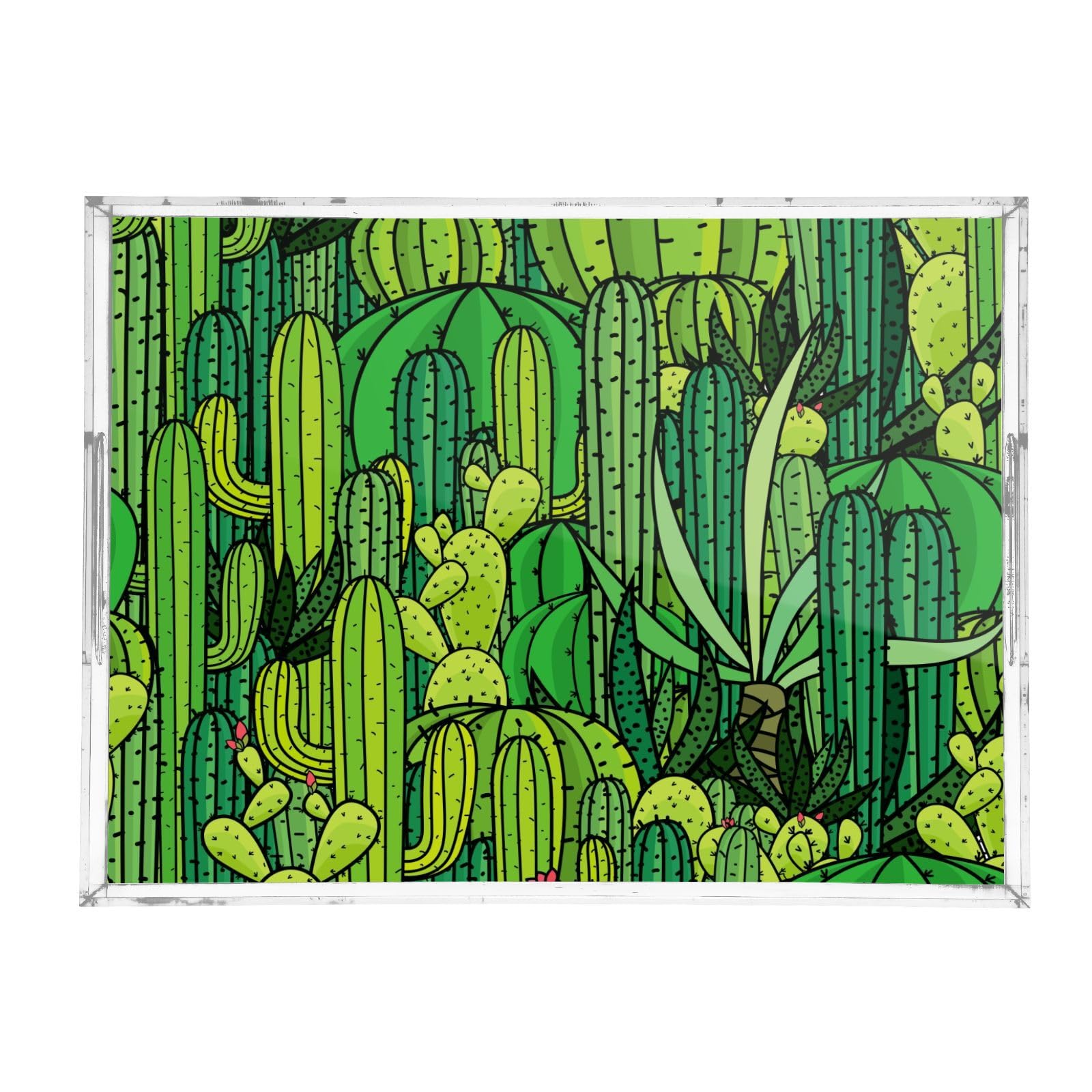 Bandejas acrílicas transparentes personalizadas de plantas de cactus verdes con asas, bandeja acrílica para cama, bandejas acrílicas a prueba de derrames para servir de 12 x 16 pulgadas