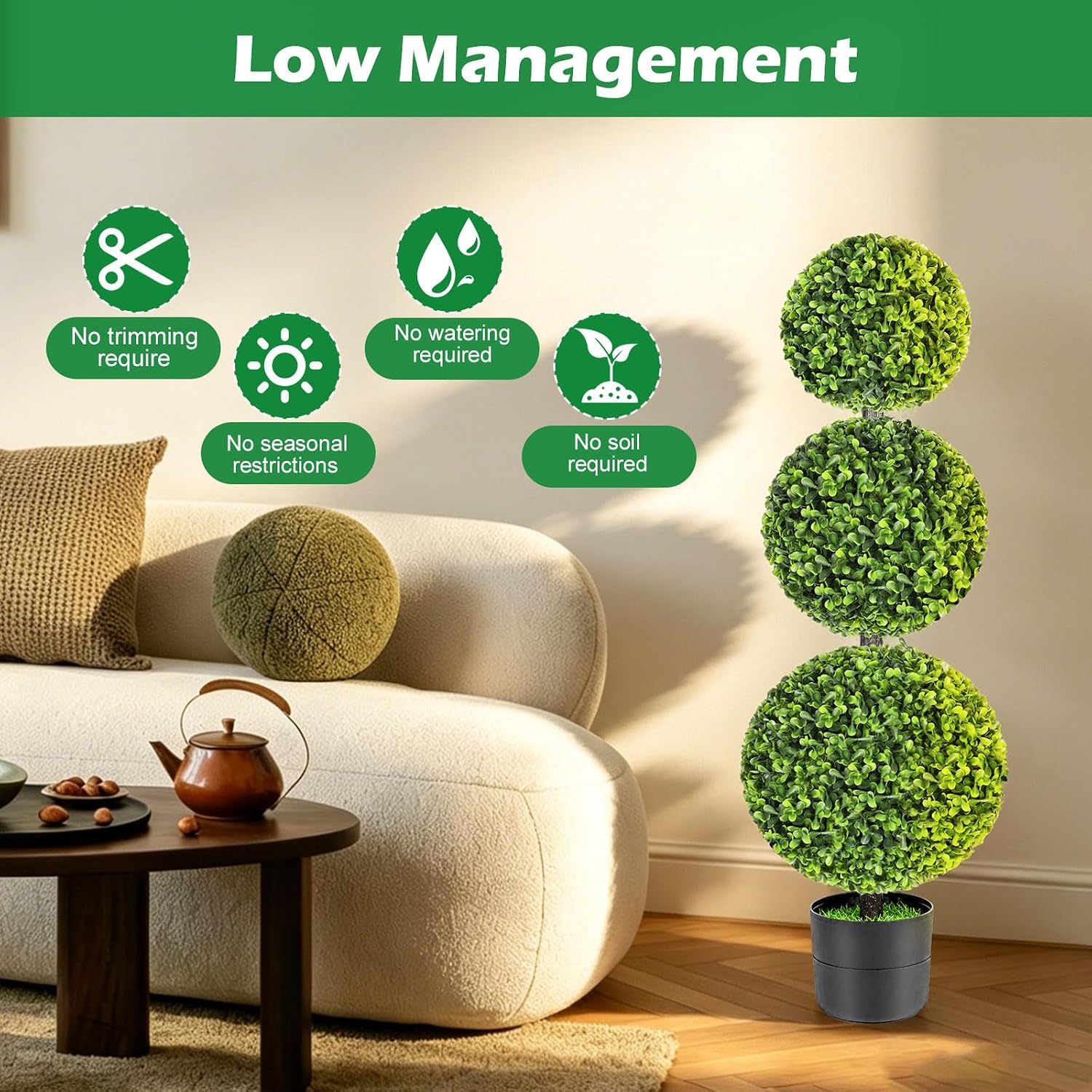 3FT Realistic Artificial Boxwood Triple Ball Topiary Tree with Pot/Ground Stake, UV-Resistant Faux Topiary Plant, Indoor Outdoor Realistic Faux Greenery for Home,Front Porch,Patio,Balcony,Yard Decor