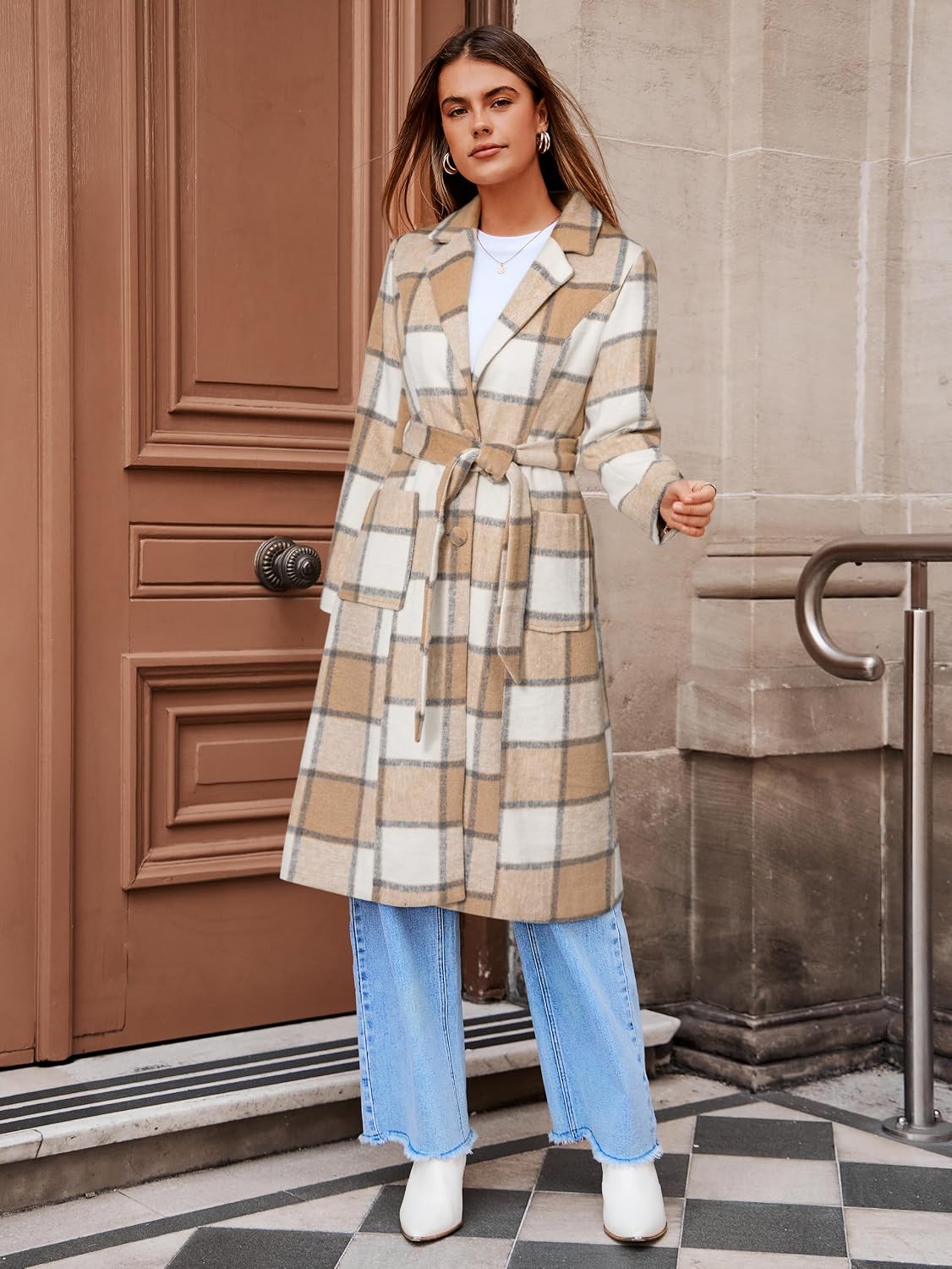 Simplee Womens Wool Blend Trench Coat Winter Plaid Shacket Jacket Casual Fall Tartan Coats Lapel Clothing with Pockets