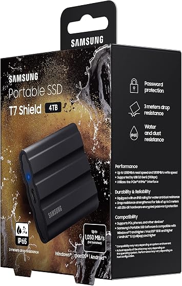 Samsung T7 Shield Portable SSD 4TB to USB 3.2 Gen.2 External SSD Black MU-PE4T0S/EU