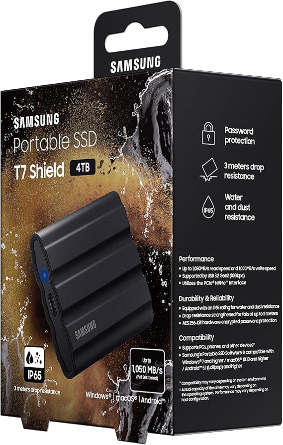 Samsung T7 Shield Portable SSD 4TB to USB 3.2 Gen.2 External SSD Black MU-PE4T0S/EU