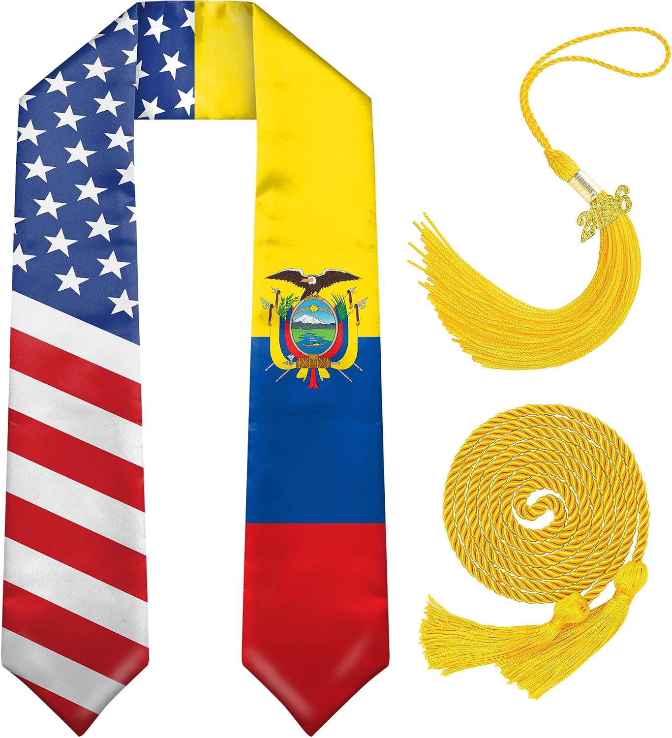 Graduation Stole Class of 2026 with Cap Tassel,and Honor Cord - Mixed Flag Graduation Sash for Graduation's Day 72"