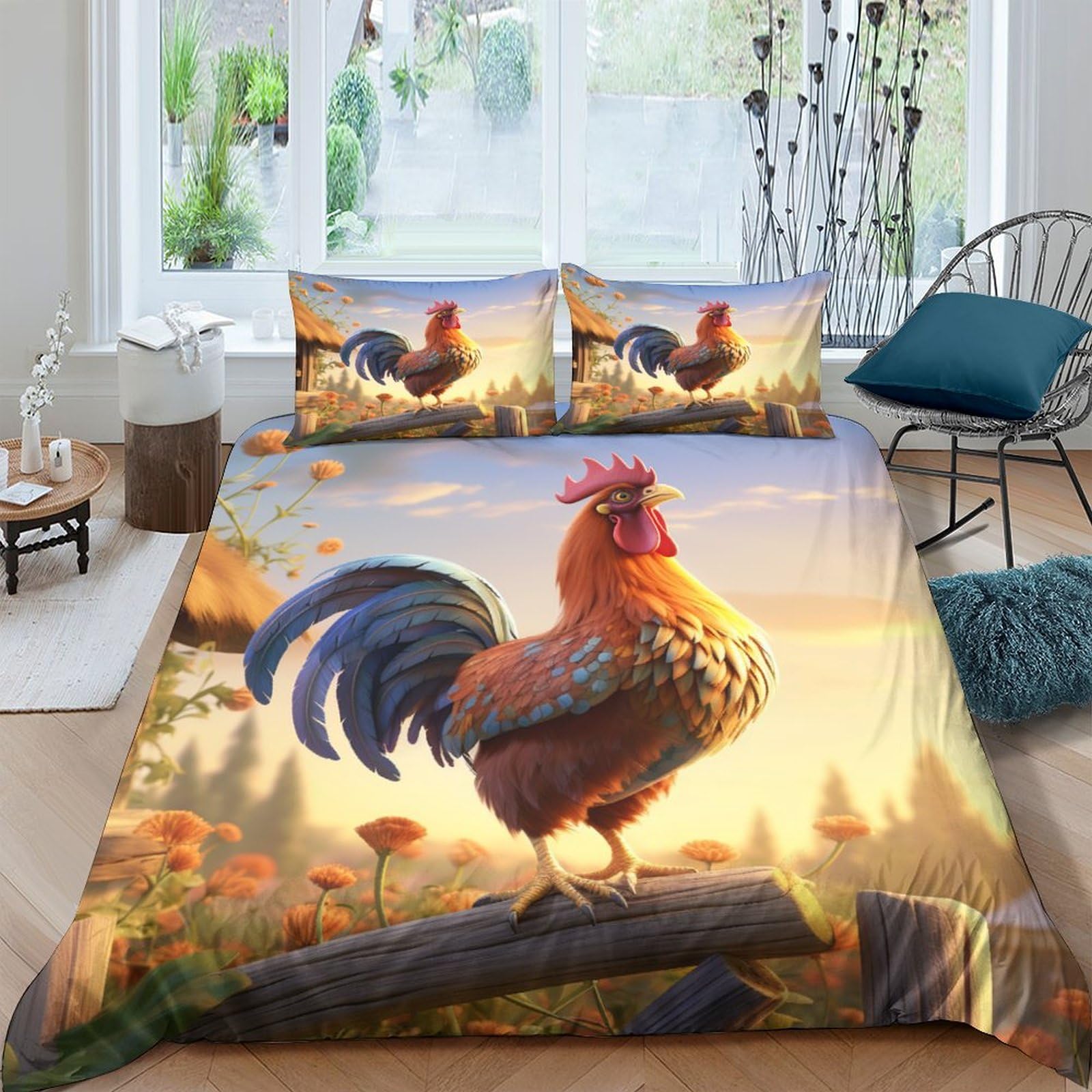 Parure de lit 3 pièces housse de couette 220x240 et taie d'oreiller motif coq en microfibre