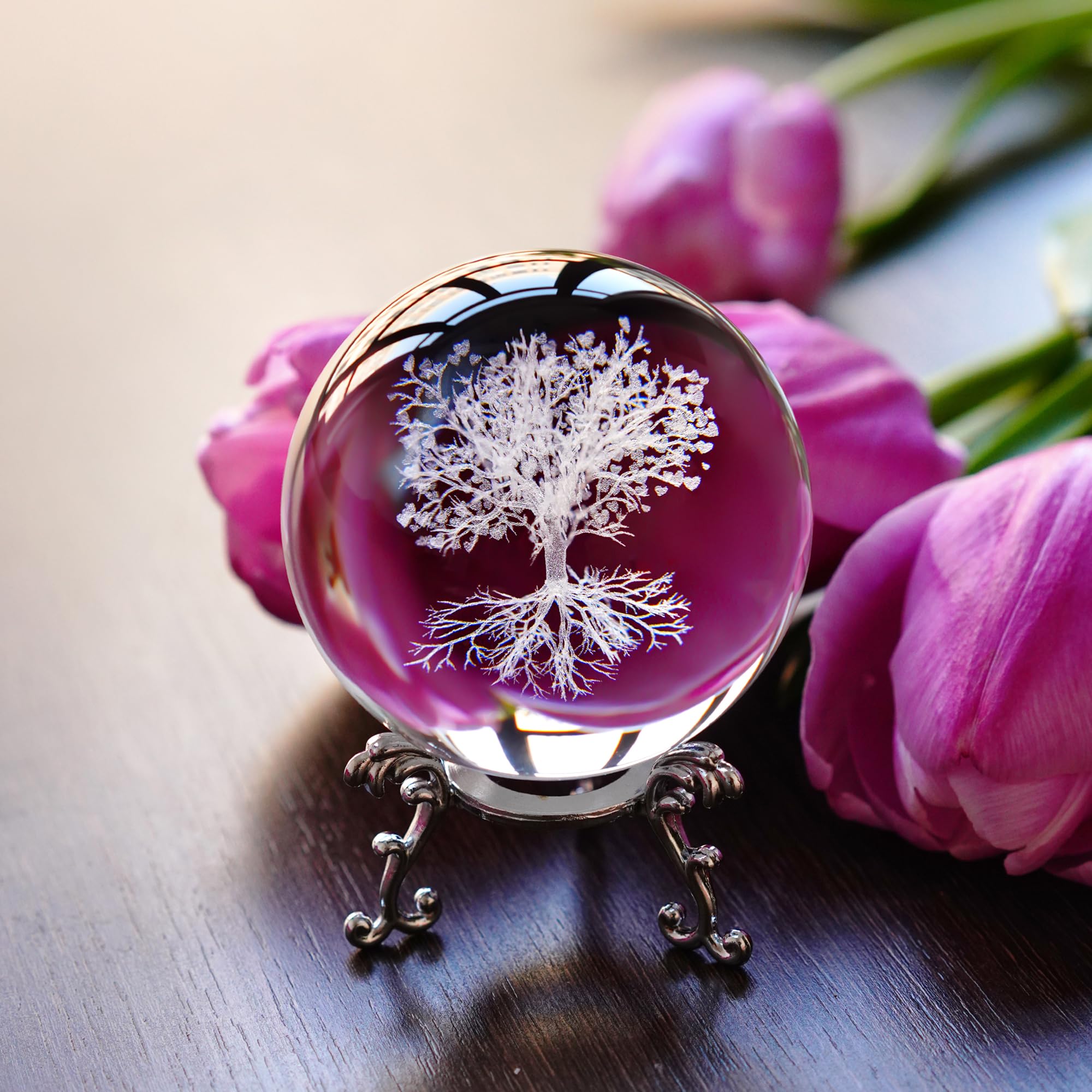 H&D HYALINE & DORA Sfera di cristallo dell'albero della vita da 70 mm con supporto, sfera decorativa in vetro K9, decorazione domestica 3D Laser Fengshui