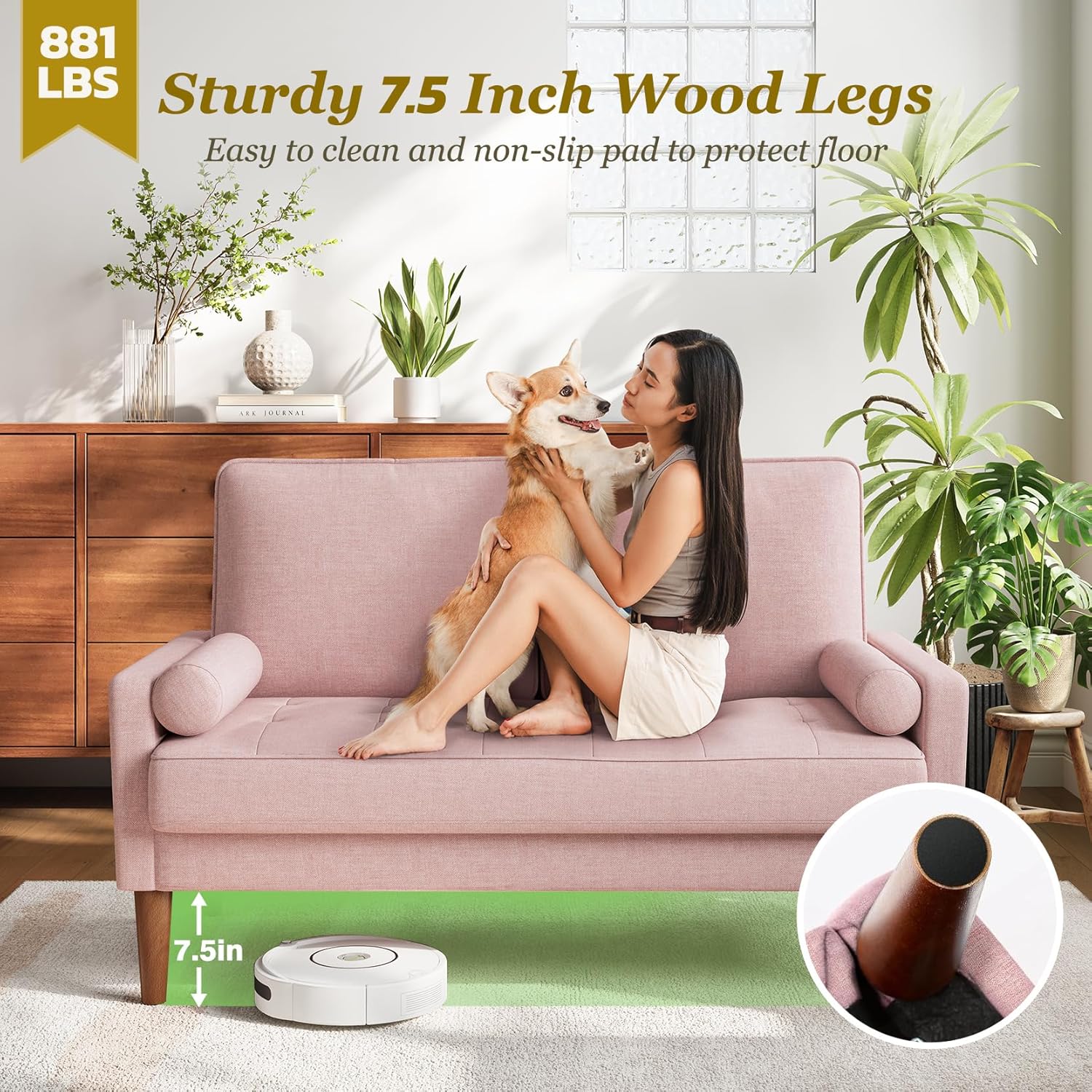 Loveseat Sofa with Solid Wood Legs, 48" Small Couches for Small Spaces, Love Seat for Living Room, Bedroom, Easy Assembly Mid Century Modern Couch with Throw Pillow for Apartment, Pink 48" Pink