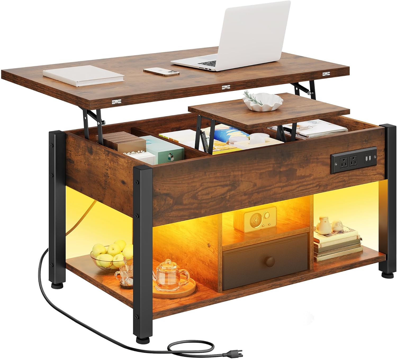 YITAHOME 4-in-1 Lift Top Coffee Table with RGB Light & Dual Tops, Multi-Function Table with Power Outlets, Storage, Converts to Dining Table Computer Desk Gaming Hub, Living Room, Home Office, Brown