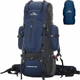 TRAWOC EXPEDITION 80L Travel Backpack Camping Hiking Rucksack Trekking Bag for Men & Women with Water Proof Rain Cover/Shoe Compartment BHK001 Navy Blue