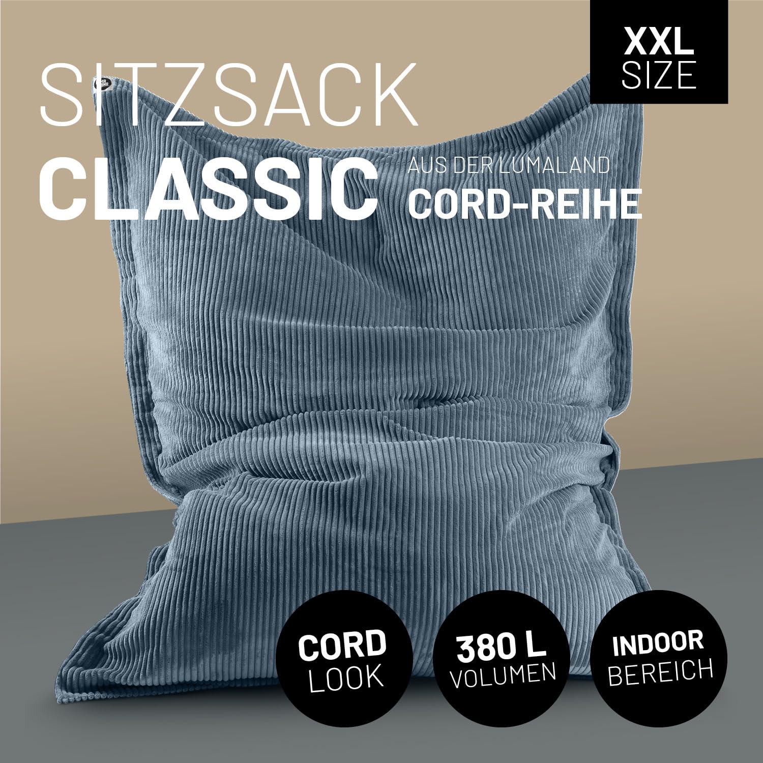 Lumaland Worek do siedzenia Classic XXL Cord, ogromny worek do siedzenia XXL, o miękkiej żebrowanej strukturze, idealny do sofy i foteli sztruksowych, do salonu, sypialni itp. – 380 l, 140 x 180 cm