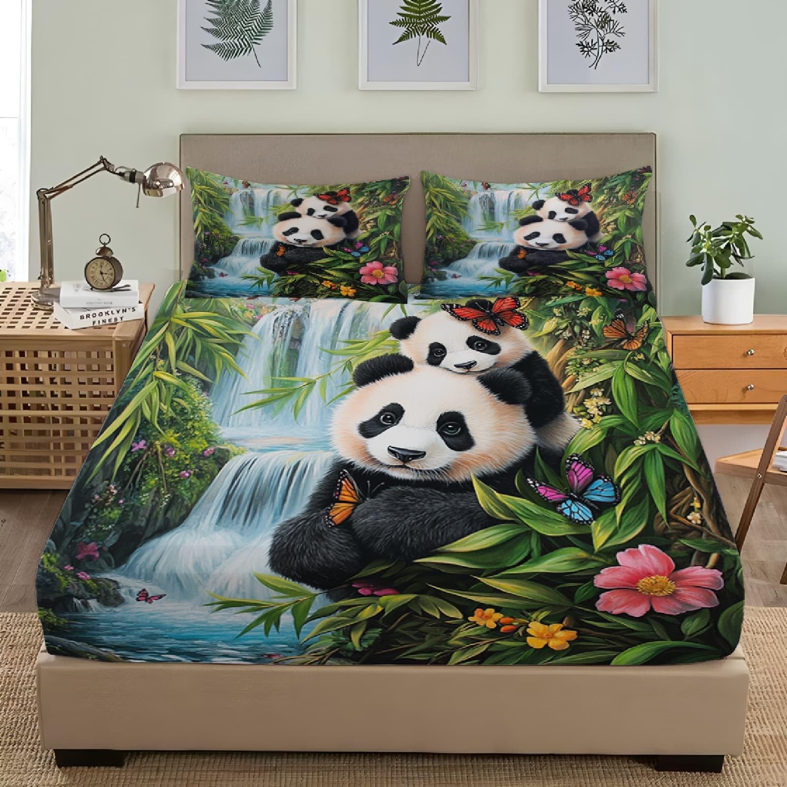 Drap Housse 200x200 cm Grand Bonnet 30 cm - Panda Mignon Linge de Lit 2 Personnes Doux et Confortable en Microfibre - Lot de 3 Draps Housses Cascade de Plantes Vertes avec 2 Taie d'oreiller
