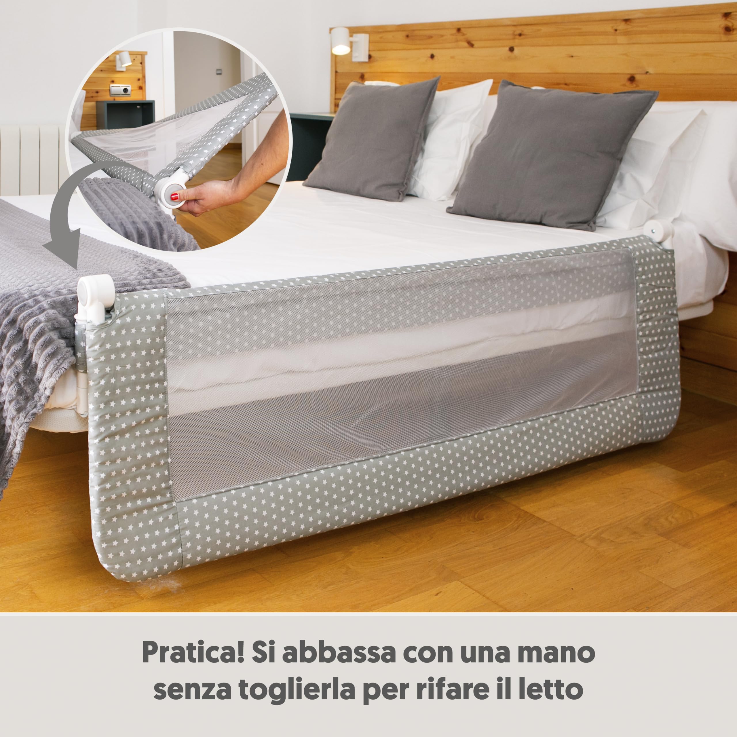 Interbaby Sponda Letto Bambini Anticaduta Alta Pieghevole 150cm Gr. Stella | Barriera con rete traspirante, si fissa sotto il materasso. Sfoderabile e lavabile. Matrimoniale e singolo, 18 mesi-5 anni