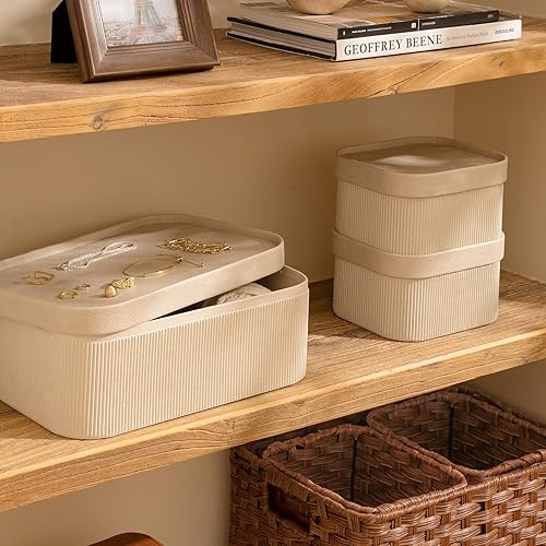 Miniatura 13 de LA JOLIE MUSE Cestas de almacenamiento de cartón estriado con tapas similares a la piel, resistentes cajas de papel apilables bandeja decorativa