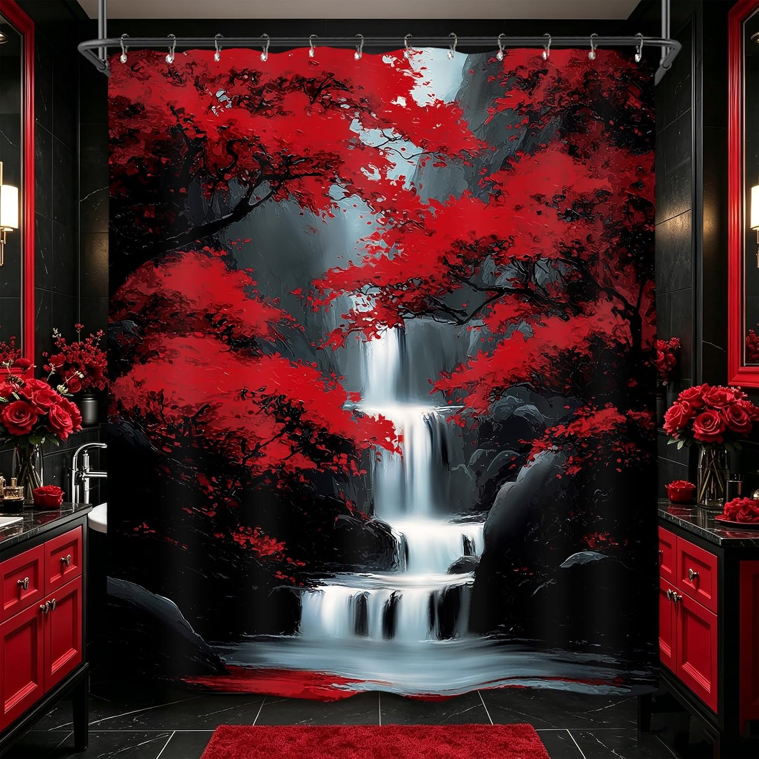 Miyotaa Black Red Waterfall Shower Curtain Set 60Wx71H Inches Japanese Landscape Tree Nature Aesthetic Scenery Polyester Waterproof Bathroom Curtain with 12 Hooks