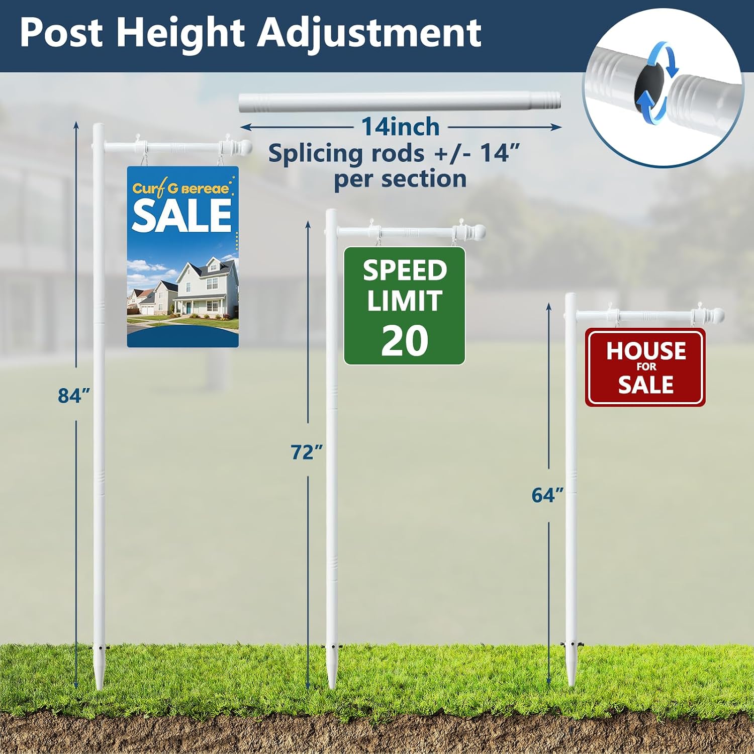 7 FT Real Estate Sign Post - Heavy Duty Metal Yard Sign Holder with Adjustable 32" Arm, Sturdy Stakes for Outdoor Realtor & For Sale Signs, Universal Lawn Sign Stand for Traffic, Construction, Events, Weatherproof & Long-Lasting