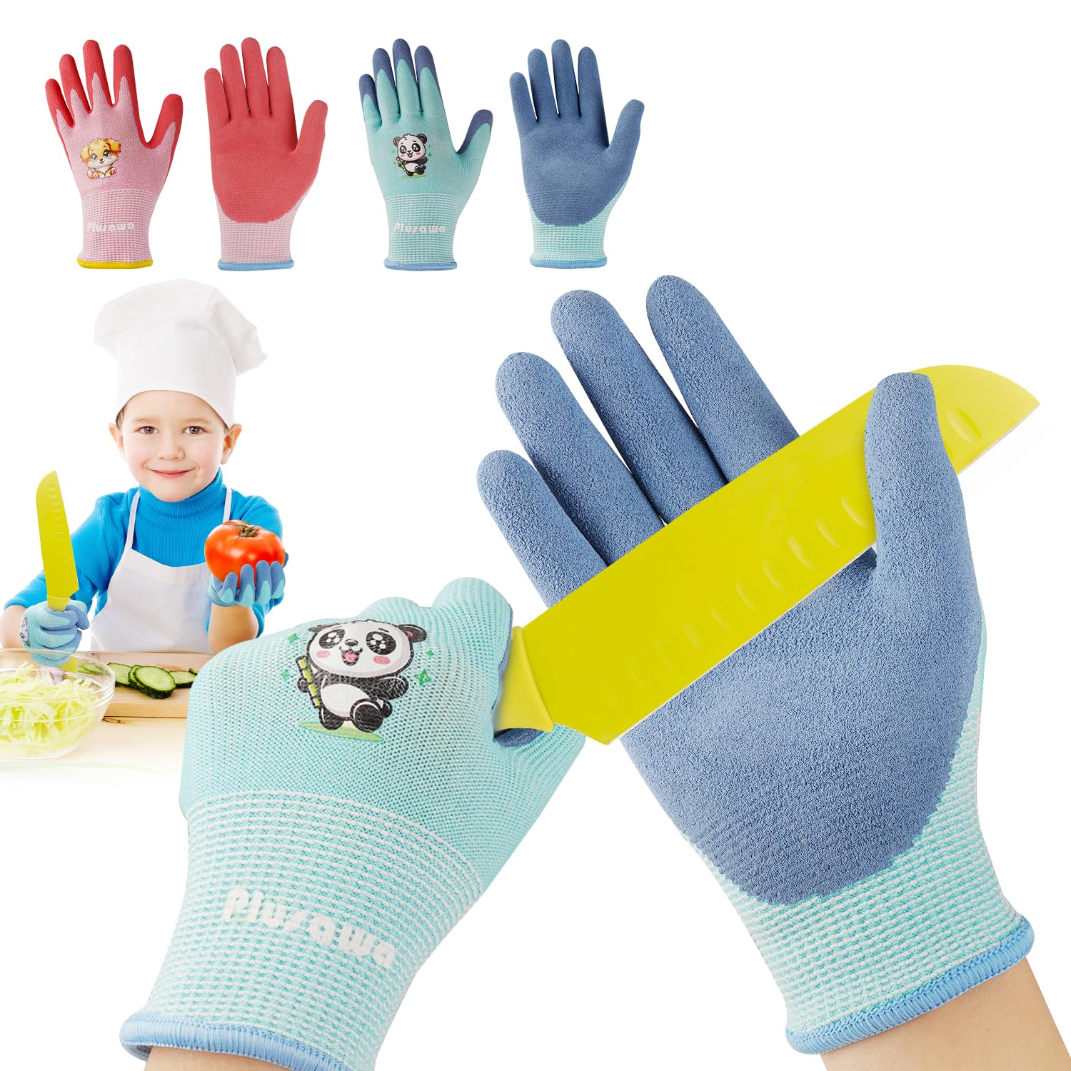 Plusawa Kids Gardening Gloves, Cut Resistant Work Gloves for Ages 3-12, Breathable Knitted Liner, Natural Latex Coated Palm