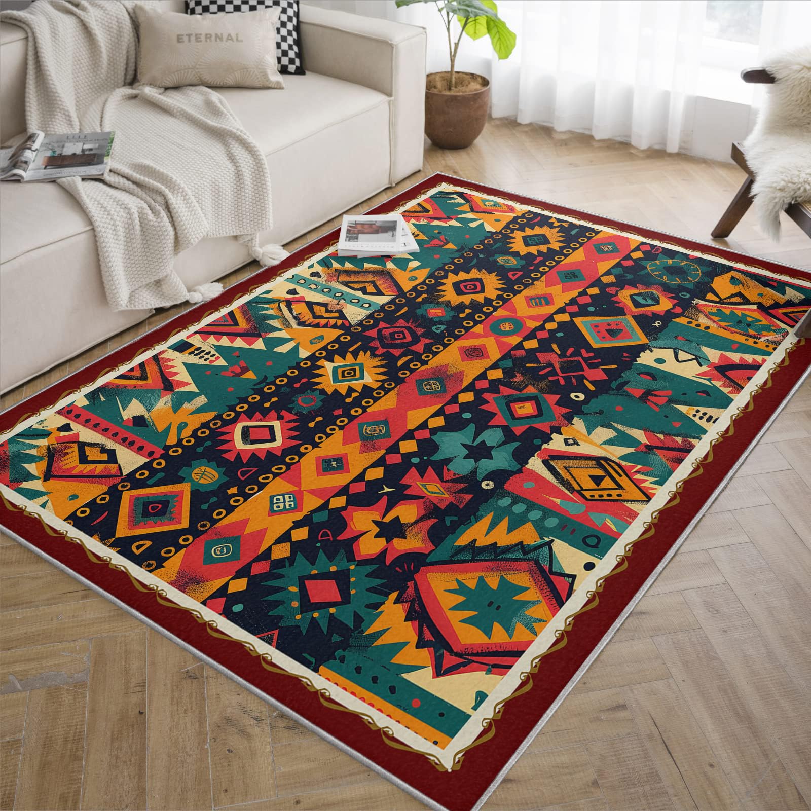 Tappeto colorato tribù etnica azteca Tappeti boho nativi americani lavabili per soggiorno Tappeto per interni morbido antiscivolo a pelo basso per camera da letto 60x90cm