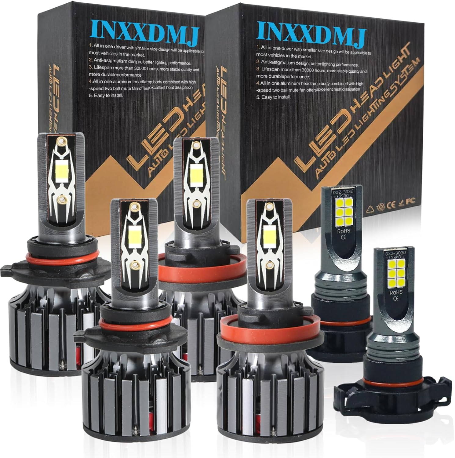 Fits For Jeep Grand Cherokee 2011 2012 2013 High Low Beam Fog Lights Bulbs Combo Kits, 500% Super Bright 6000K White Light Combo Kit, Plug-N-Play, IP68, 6-Pack