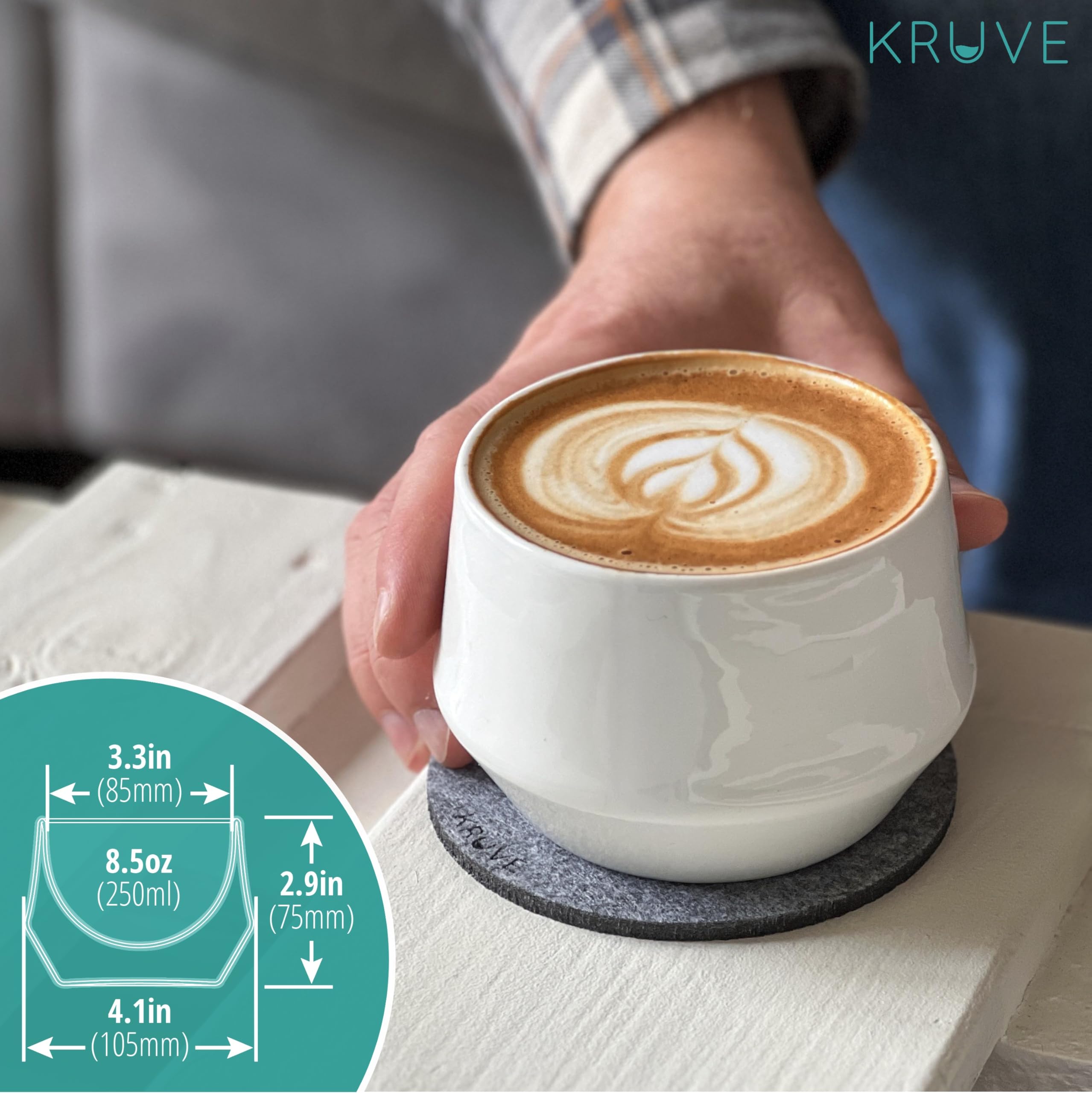 KRUVE IMAGINE Latte-Kaffeetassen aus Porzellan, doppelwandige Espressotassen, Glastassen im 2er-Set – 256 ml Thermo-Kugeldesign für Latte Art, isolierte Kaffeebecher zur Wärmespeicherung (weiß)