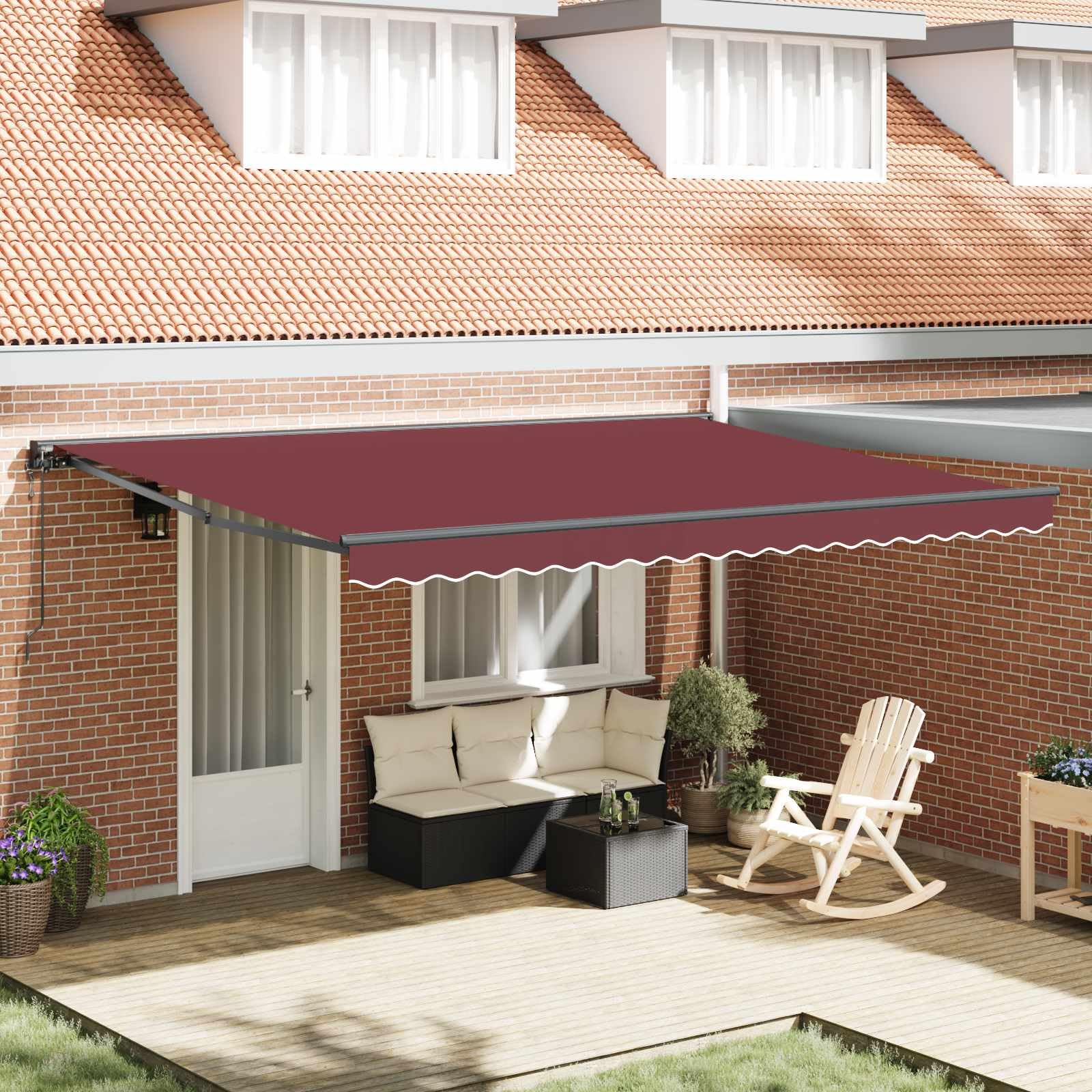 Rama markizy bordowa 450 x 300 cm, wysuwana z korbą, odporna na warunki atmosferyczne i promieniowanie UV, do ogrodu, na taras i balkon, wytrzymała rama aluminiowa z materiałem poliestrowym i