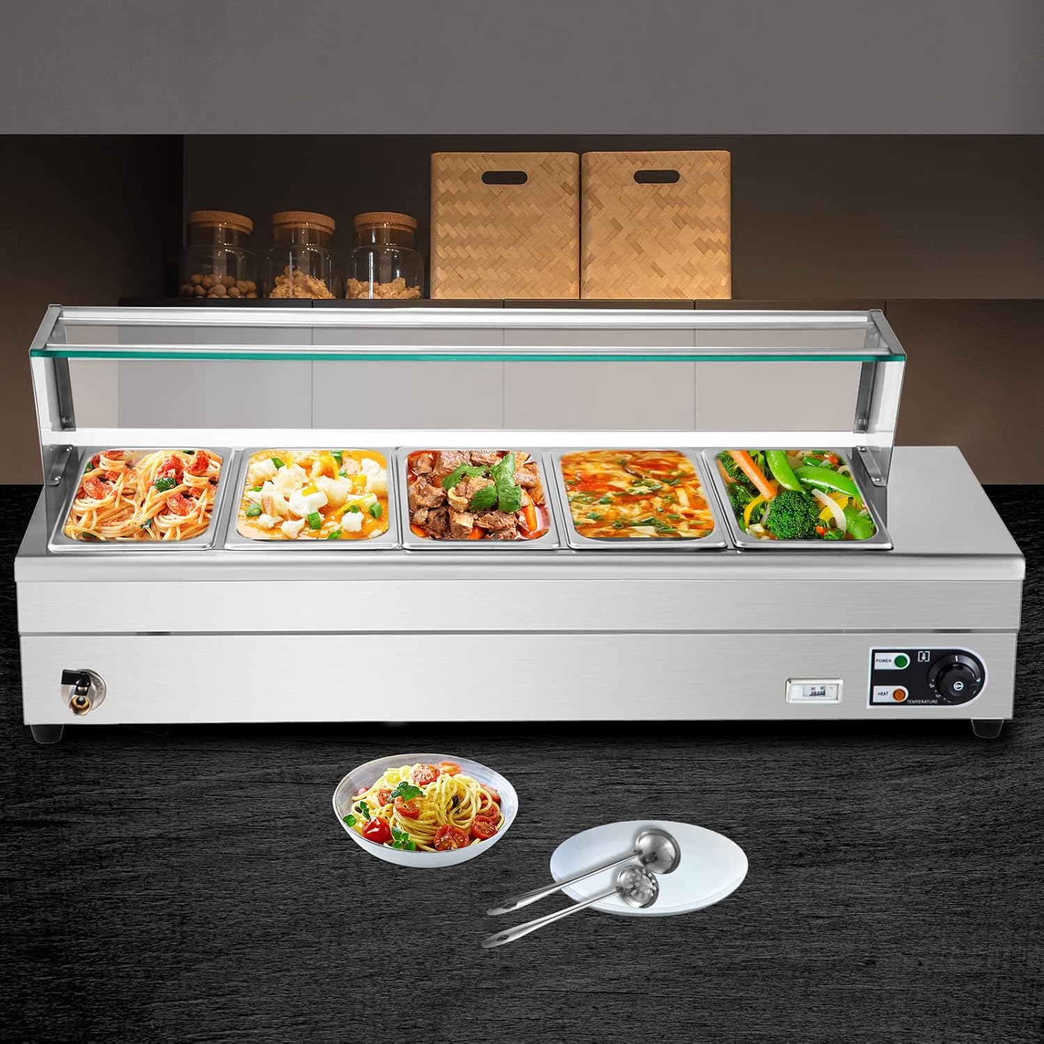 VEVOR Commercial Food Warmer, 5 x 1/2 Pans, 44 Qt Electric Bain Marie with 6" Deep Pans, Stainless Steel Steam Table with Tempered Glass Shield, 1500W Countertop Buffet Warmer with Lids & Ladles, 110V