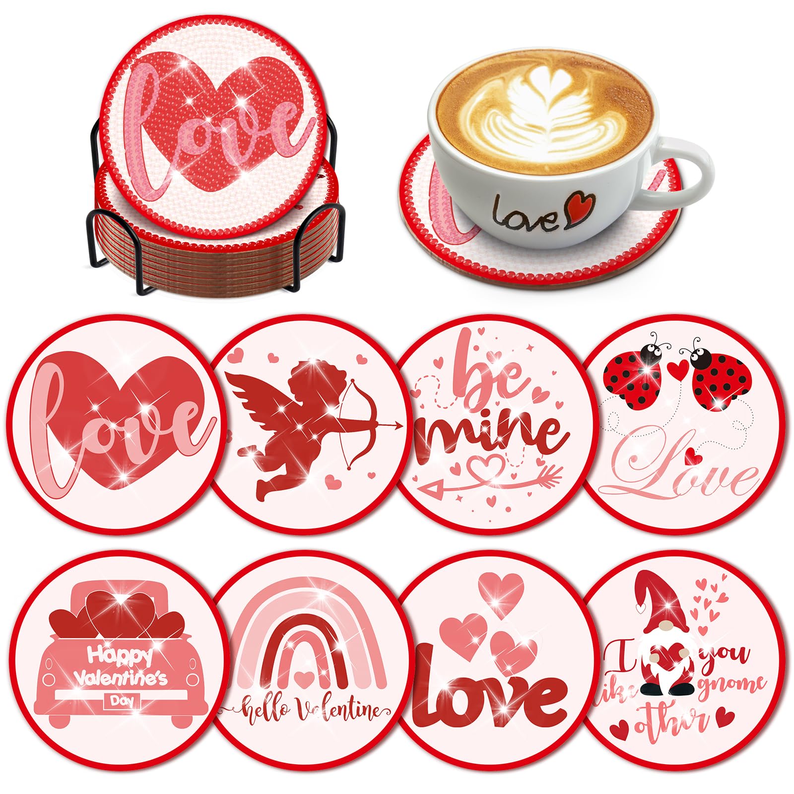 8 Pcs Valentine's Day Diamond Art Coaster Kit with Holder Valentine Love Gnome Diamond Art Coaster with Cork Bases for Adults Diamond Kit Supplies for Holiday Present