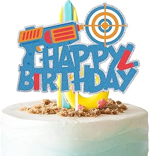 1 Pcs Glitter HAPPY BIRTHDAY Nerf Theme Cake Topper,Gun for Target Birthday Party Cake Decoration,Dart War Cake Topper Cake Picks for Boys