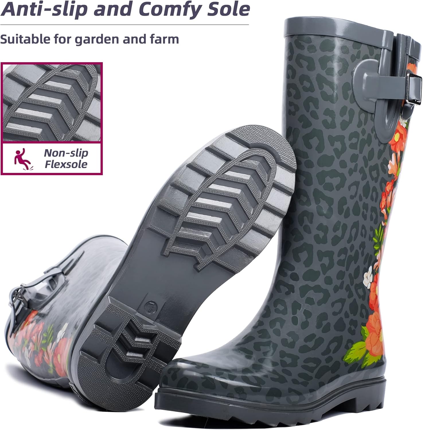 landchief Rain Boots for Women, Waterproof Ladies Tall Knee High Rubber boots, Comfort Garden Boots Anti-Slip Mid Heel Women Rain Shoes Outdoor, Red Flowers, 8