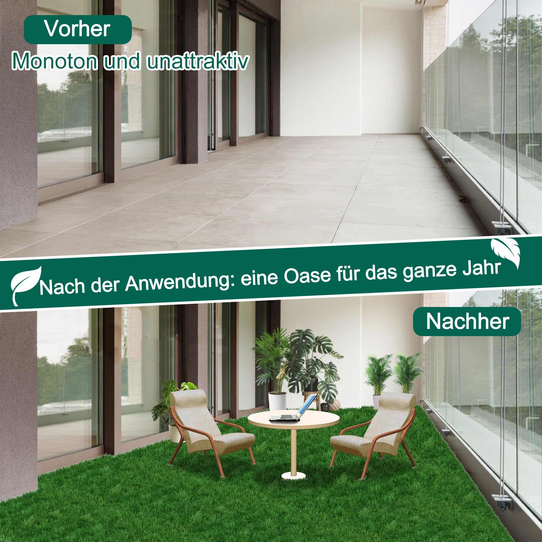 LZQ Lot de 22 tapis de gazon artificiel - 30 x 30 cm - Épaisseur totale : 4 cm - En plastique polyéthylène - Résistant aux UV - Pour jardin, balcon, pique-nique, moquette, extérieur