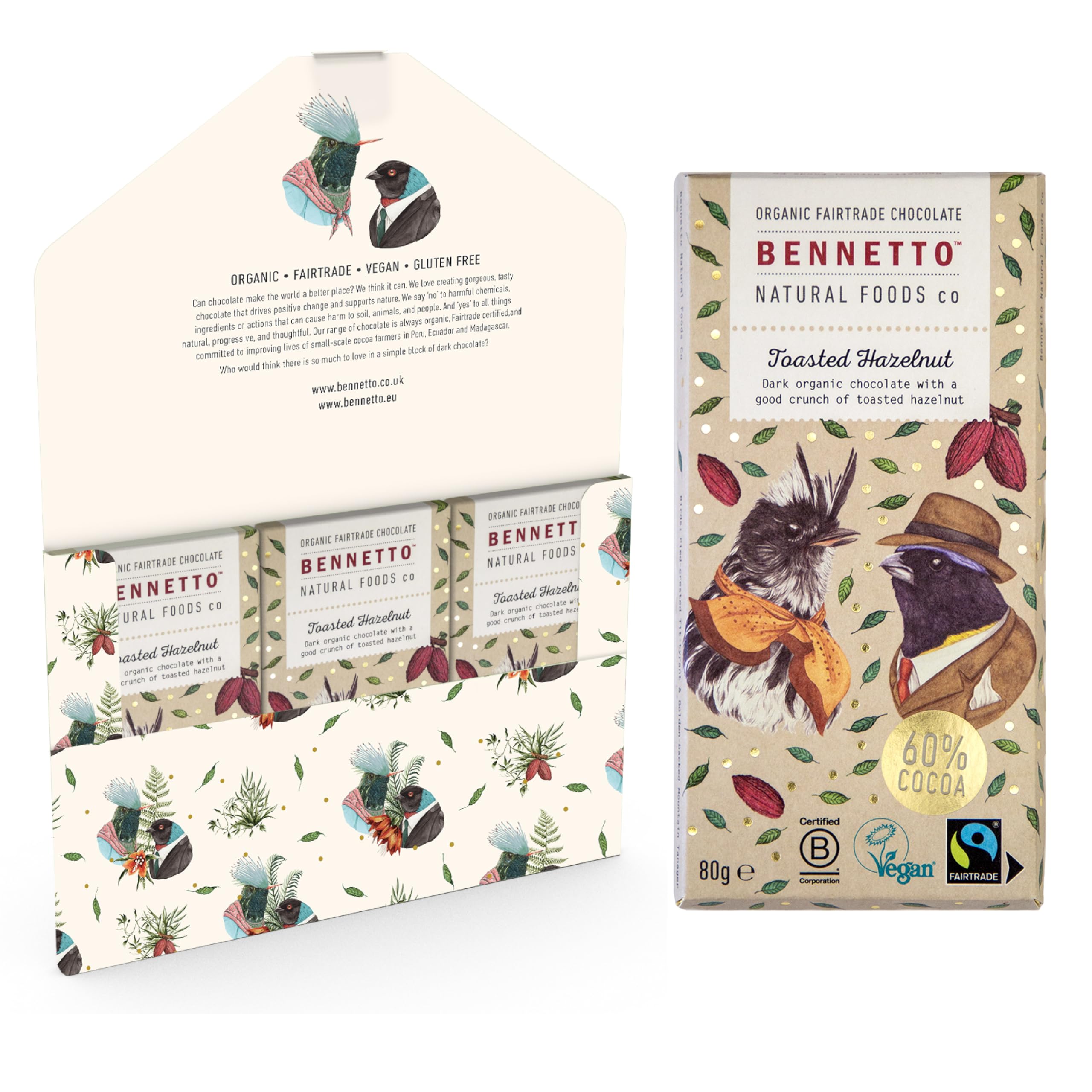 Toasted Hazelnut Dark organic chocolate with crunchy toasted hazelnuts. 60% cocoa. Certified organic, Fairtrade, and net climate positive. Beautiful gifts for everyone. 3x 80g Full Size Bars.