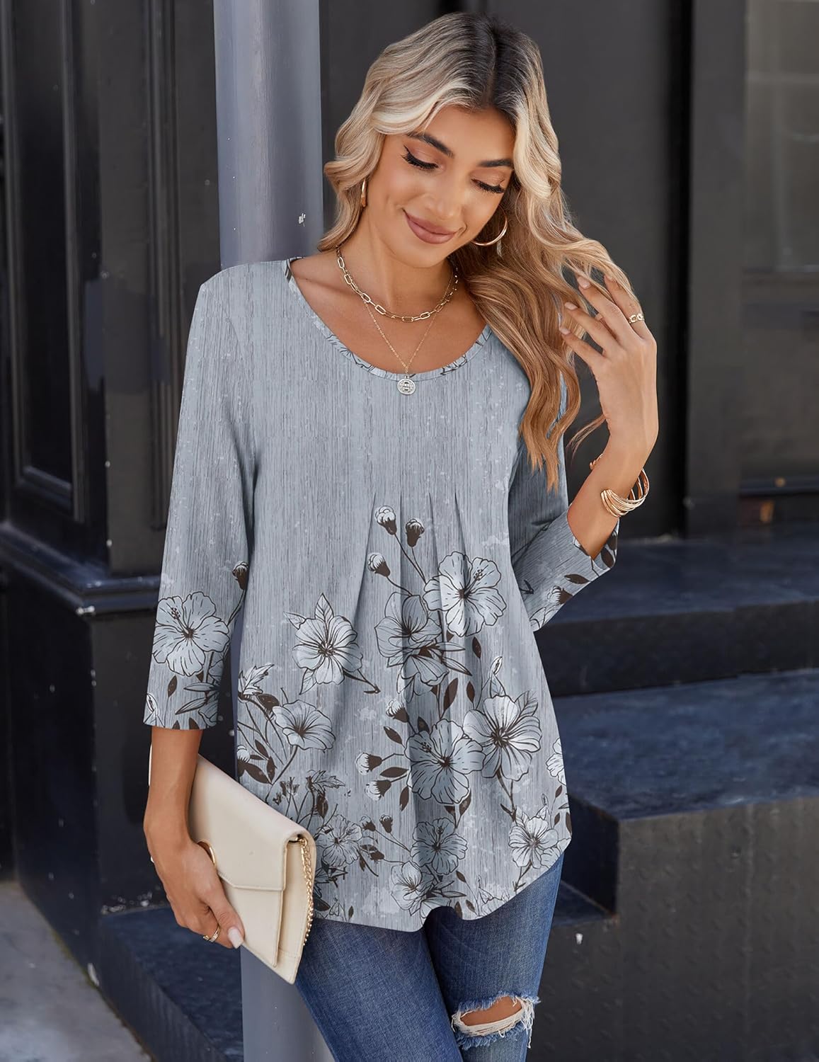 Zeagoo Dressy Blouses for Women 3/4 Sleeve Crew Neck Summer Outfits Floral Boho Shirts Basic Work Tees - Image 3
