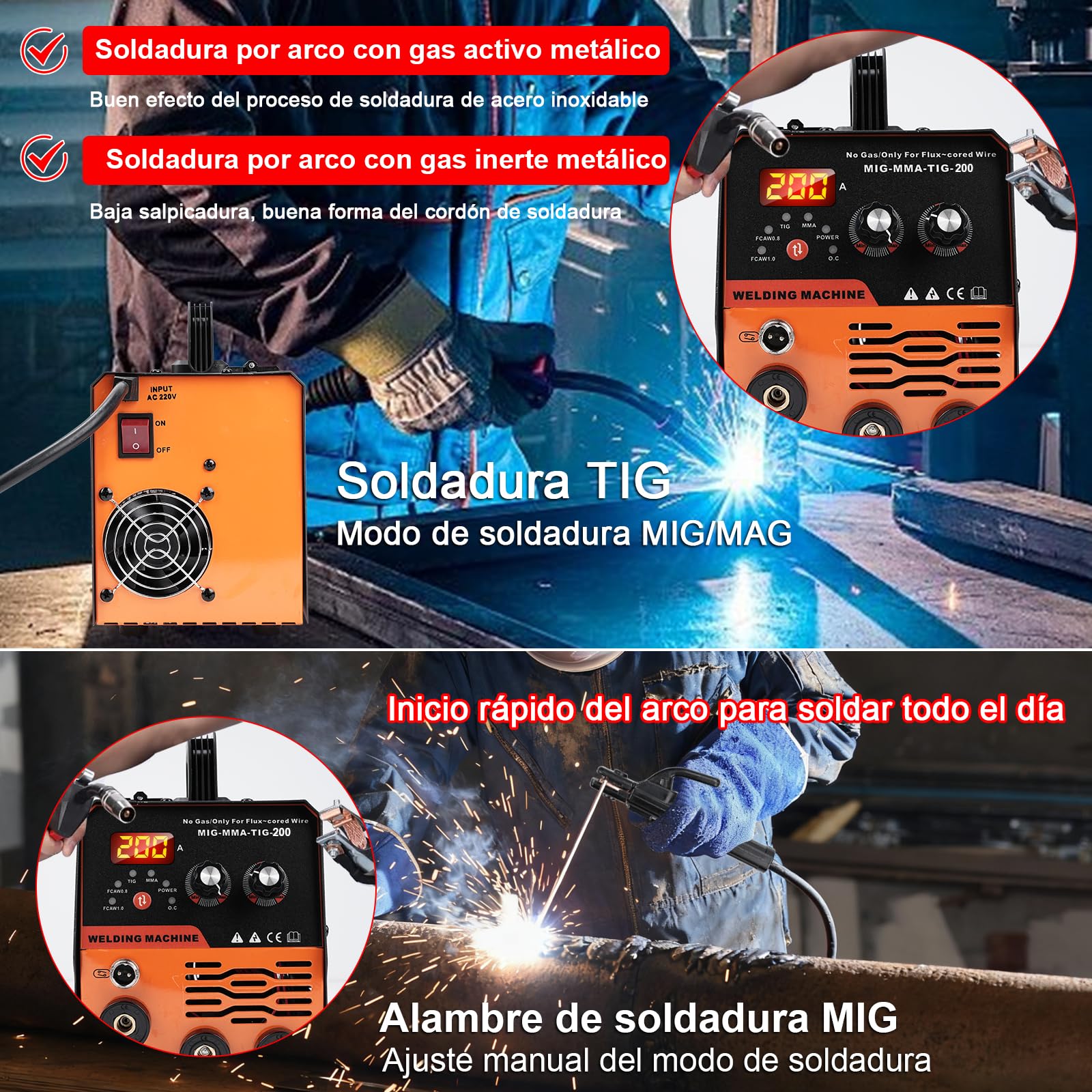 Máquina de Soldadura MIG, 20-200 A Máquina de Soldar con Alambre Tubular sin Gas, Soldador Inverter MIG/MMA/LIFT TIG 3 en 1 Portátil con IGBT Inversor, Pistola de Soldar, Pantalla LED, Alambre de 1mm