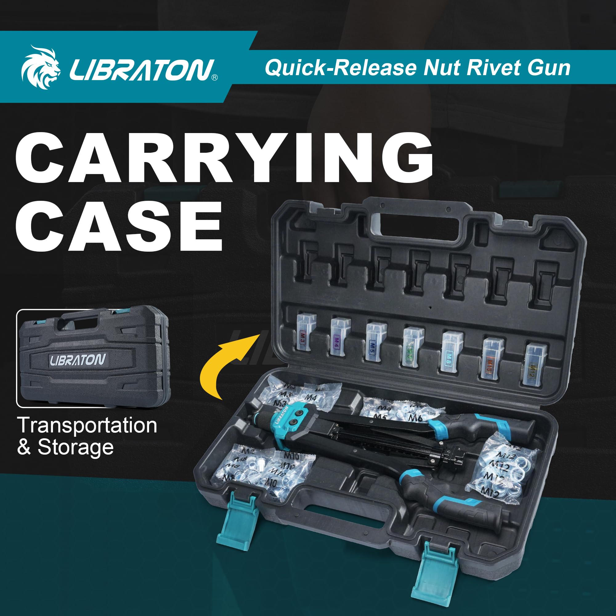 LIBRATON Remachadora de Tuercas, 16" Pistola de Tuercas con 7 Mandriles Métricos, 70 Piezas Tuercas Remachables, Remachadora de Tuercas Profesional, Diseño de Tuerca de Liberación Automática, Caja