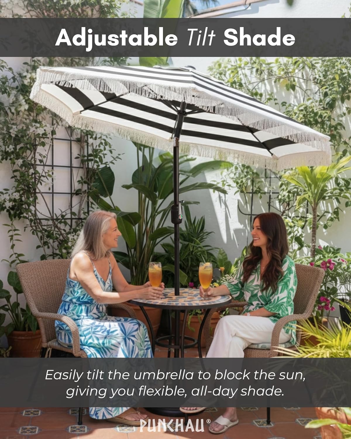 6 Ft Fringe Patio Umbrella - Outdoor Umbrella for Patio, Pool, Table, Garden, & Deck, Push Button Tilt Pole - Fashionable Vintage Tassels - White
