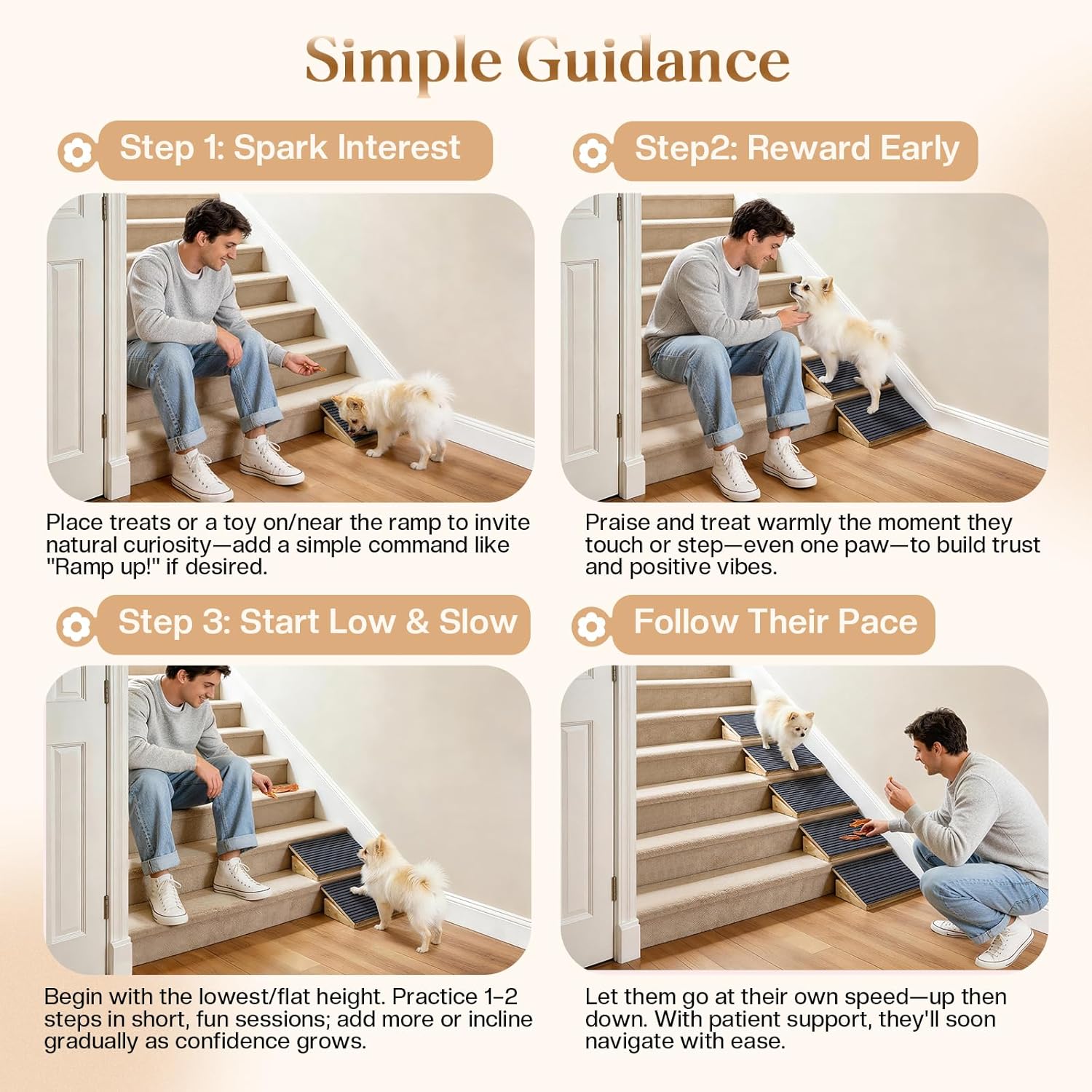 Adjustable Dog Ramp for Stairs with 3 Heights, Anti-Slip Small Dog Ramp for Indoor & Outdoor, Solid Wood Pet Steps for Small/Senior/Injured Dogs, Gentle Slop Ramp for Stairs with Carpet Surface