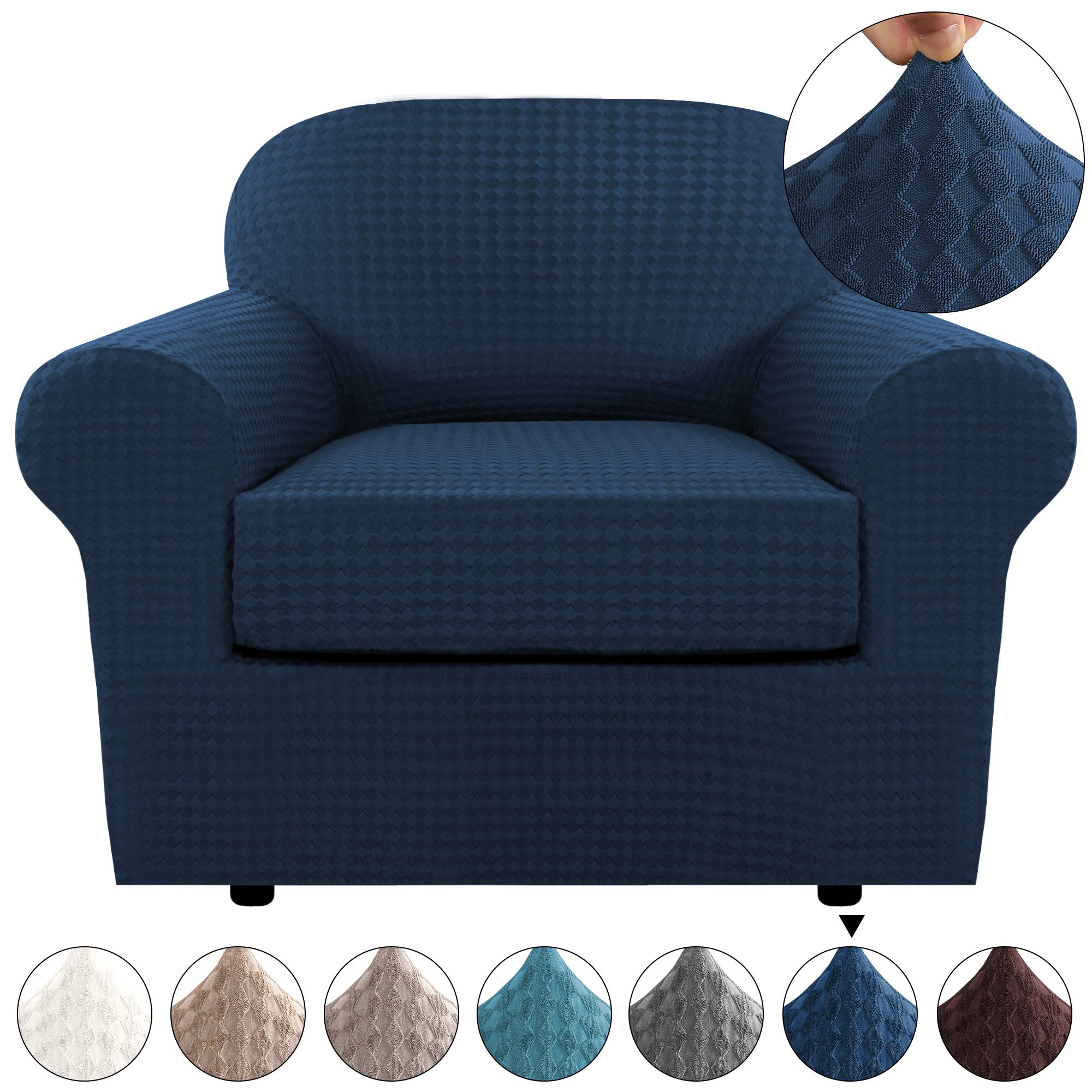 2 Piece Stretch Sofa Covers Couch Covers Armchair Slipcovers Form Fit Furniture Covers (Base Cover Plus 1 Individual Cushion Covers) Feature Thicker Jacquard Fabric Washable (Chair, Navy)