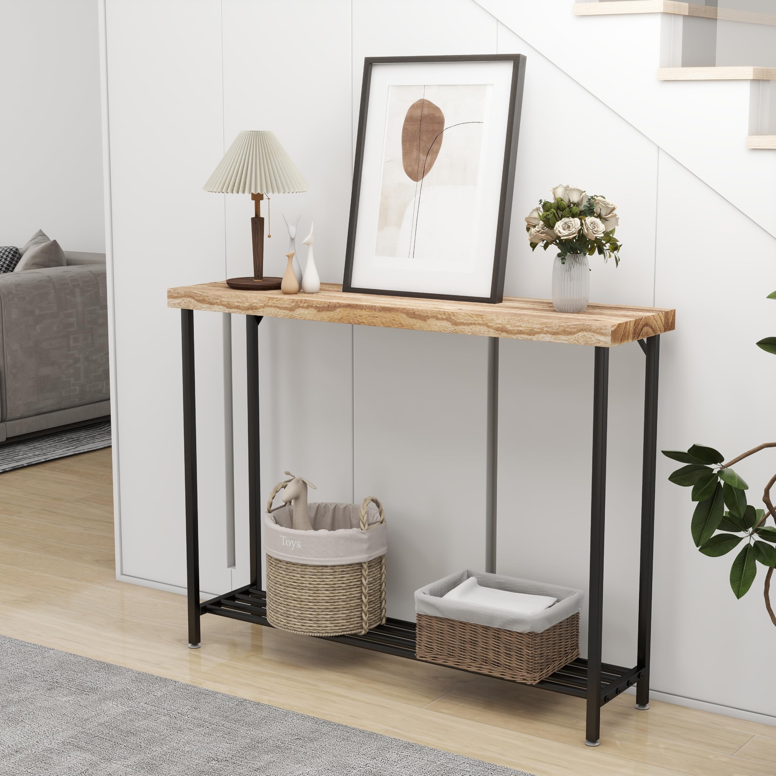 Industrial Solid Wood Console Table, 2 Tier Entryway Table with Storage Shelves, Narrow Sofa Table for Living Room, Hallway, Foyer, Entryway, Rustic Brown
