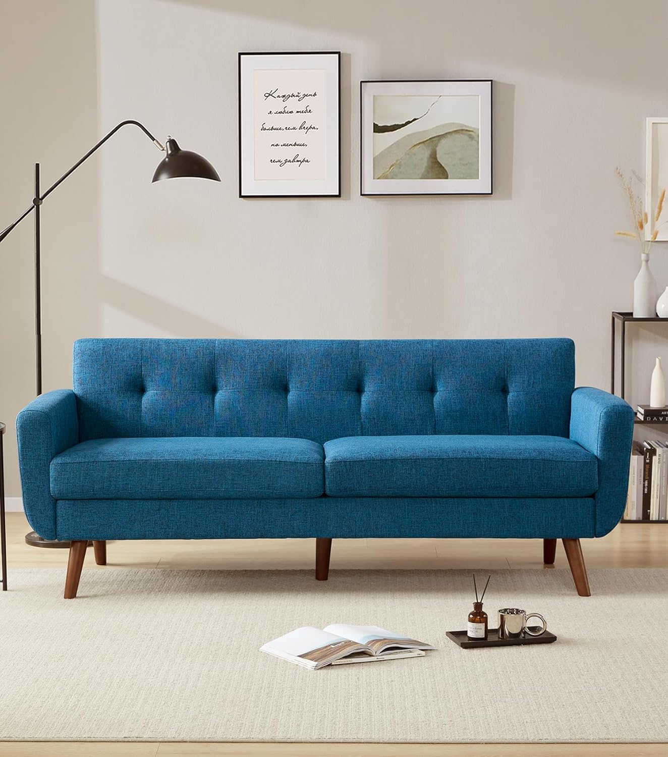 Tbfit 77.2" W Linen Sofa Couch, Mid Century Modern Decor Loveseat Couches for Living Room, Button Tufted Upholstered Small Couch for Bedroom, Solid, and Easy to Install Love Seats Furniture, Blue | linen fabric, button tufted, solid wood foot, pocket spring, wood slats frame