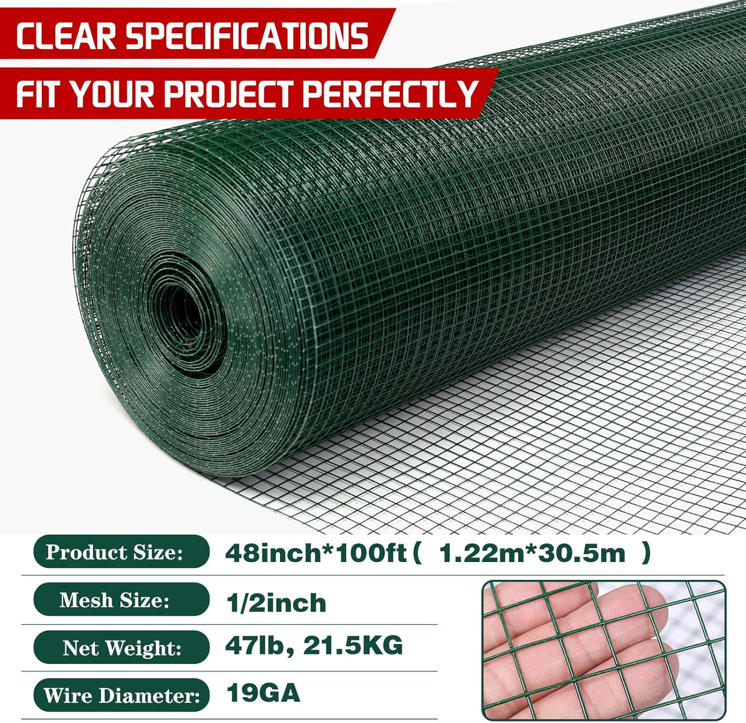 Hardware Cloth 1/2inx48inx100ft, Chicken Wire Fencing Vinyl PVC Coated Welded Wire Mesh Animal Coop Garden Plant for Rabbit Snake Rodents Foxes Groundhogs Poultry Netting Cage Farm Protection