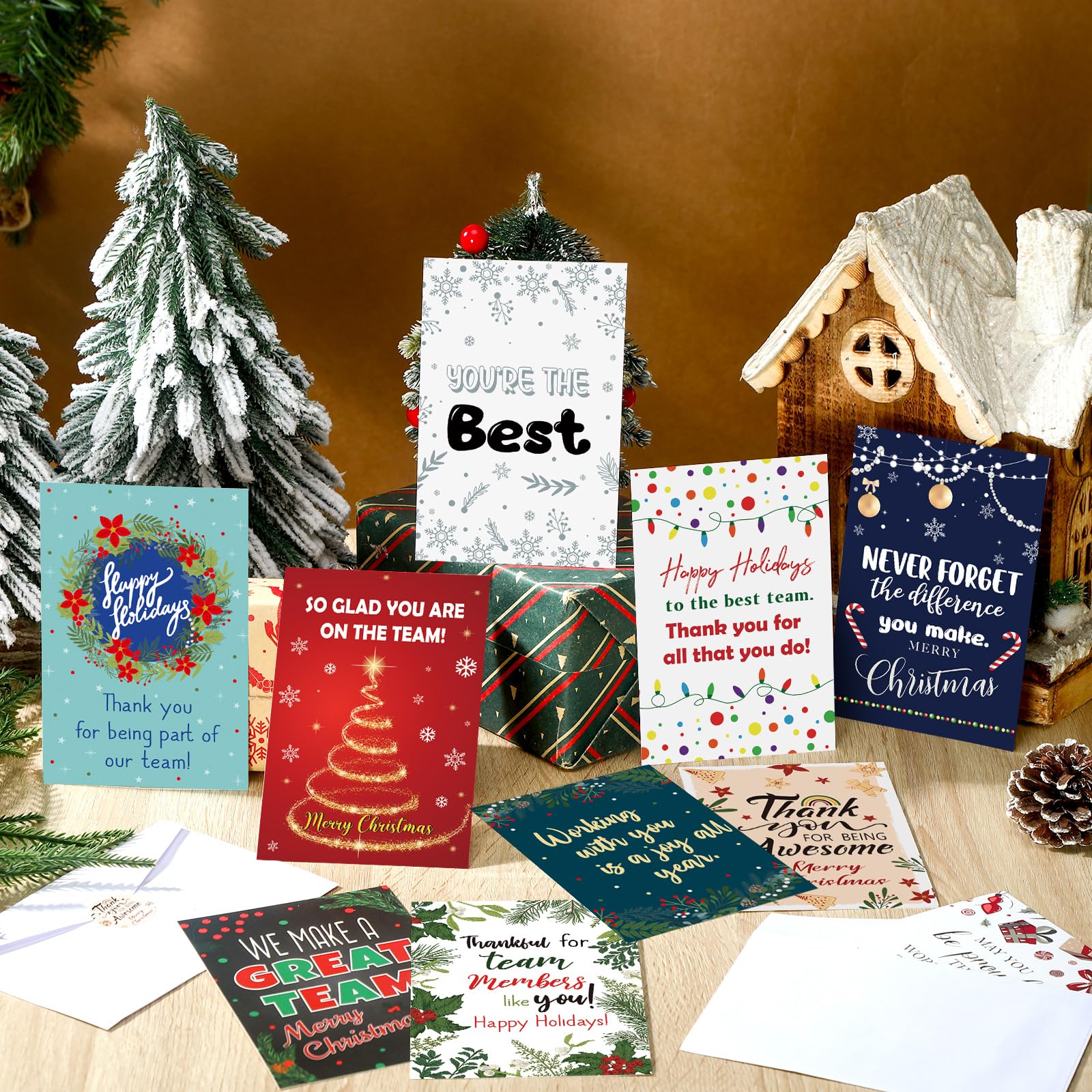 Dunzoom Lot de 100 cartes de remerciement de Noël pour employés avec enveloppes et autocollants 10,2 x 15,2 cm - Cartes de vœux de remerciement pour enseignant, université, affirmation