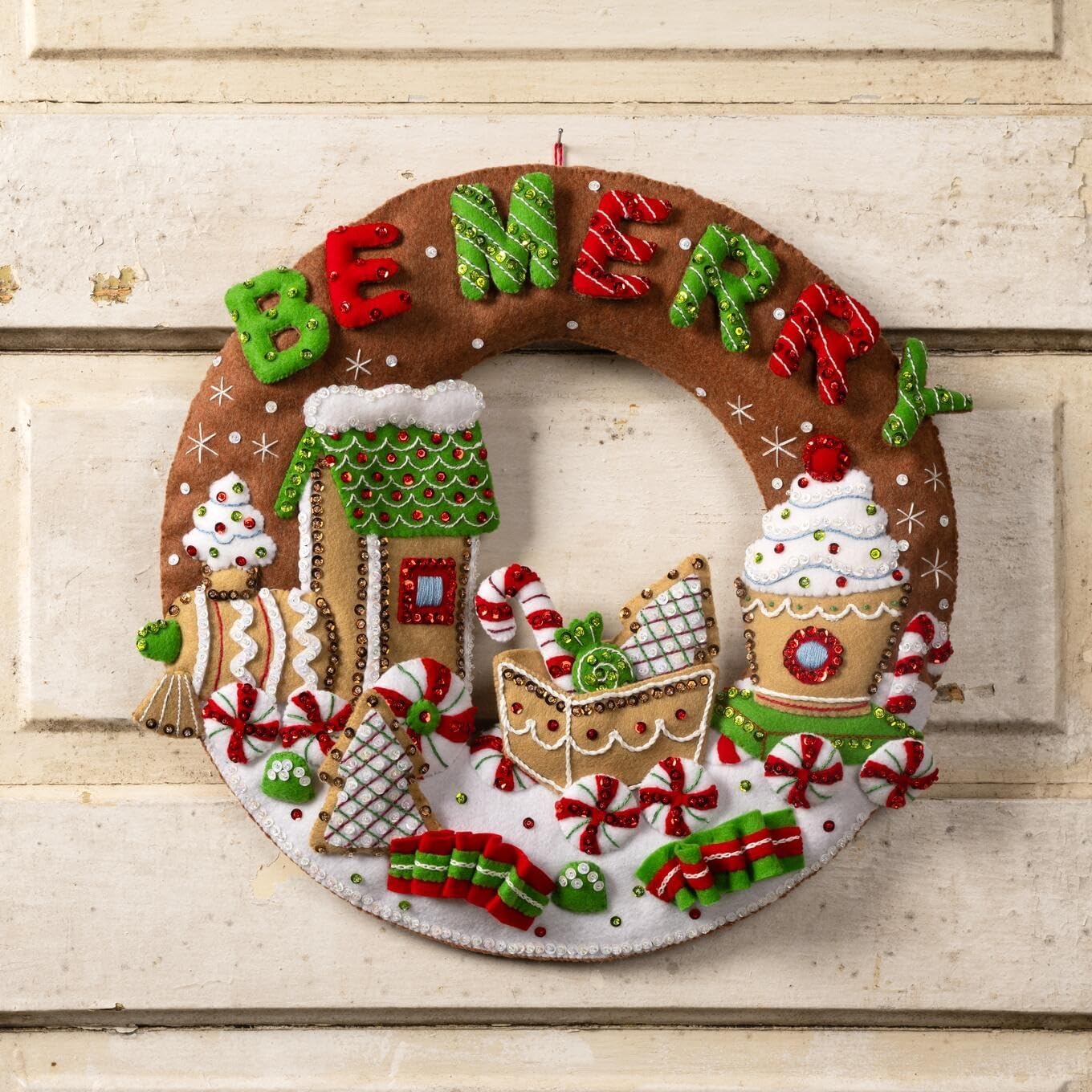 Bucilla Felt Applique Wreath Making Kit, Gingerbread Express, Perfect for DIY Arts and Crafts, 89677E