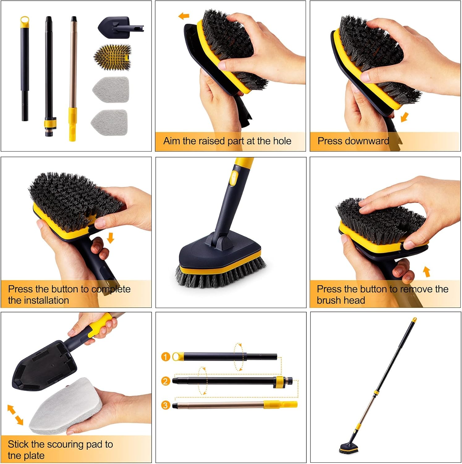 Yocada Floor Scrub Brush Tub Tile Scrubber Brush Set Telescopic Handle 2 in 1 for Cleaning Bathroom Kitchen Toilet Wall Tub Tile Sink Non-Scratch