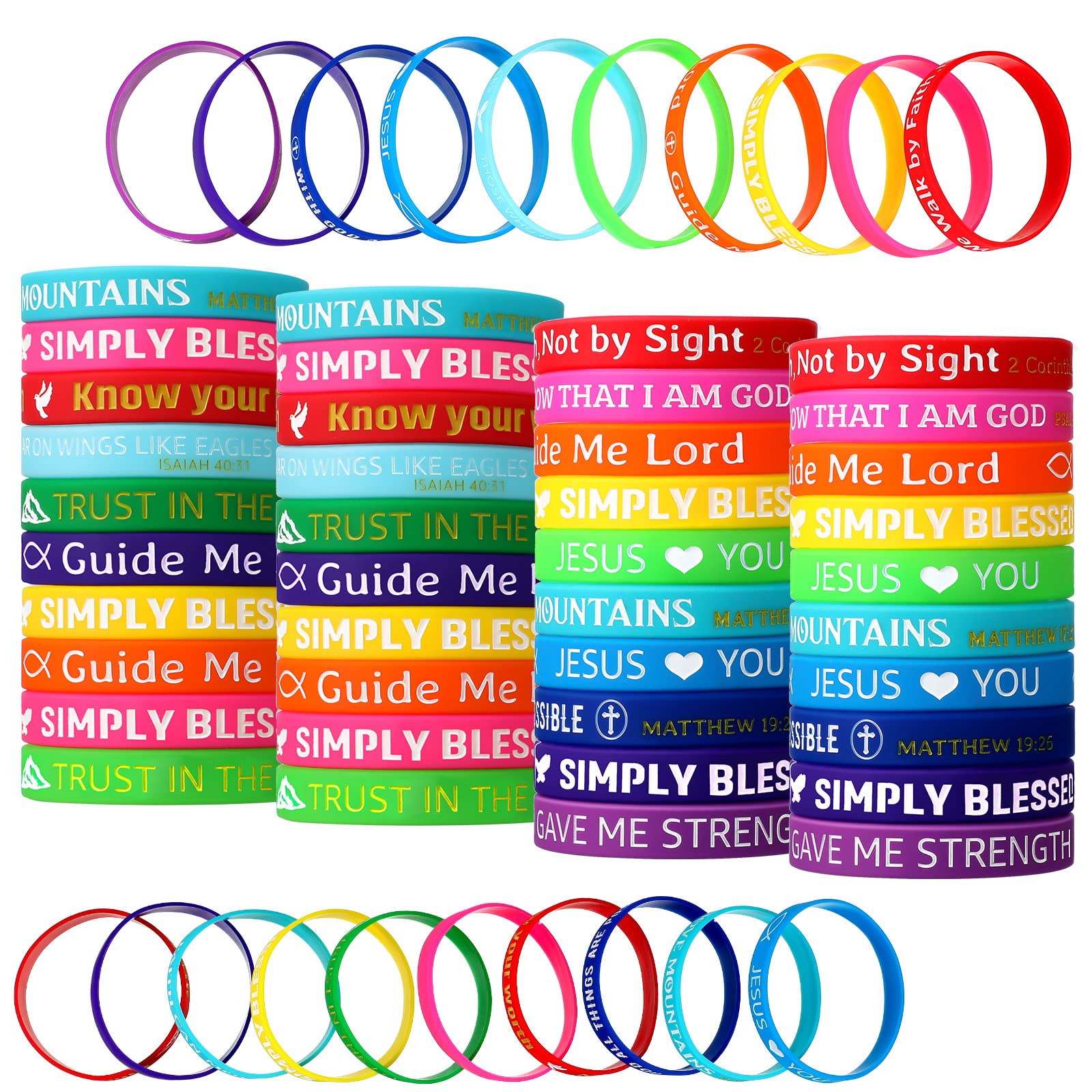 Skylety 60/120 Pcs Christian Bible Verse Bracelets Bulk Easter Egg Basket Stuffer Party Favor Religious Gift Jesus Loves You Rubber Bracelet Scripture