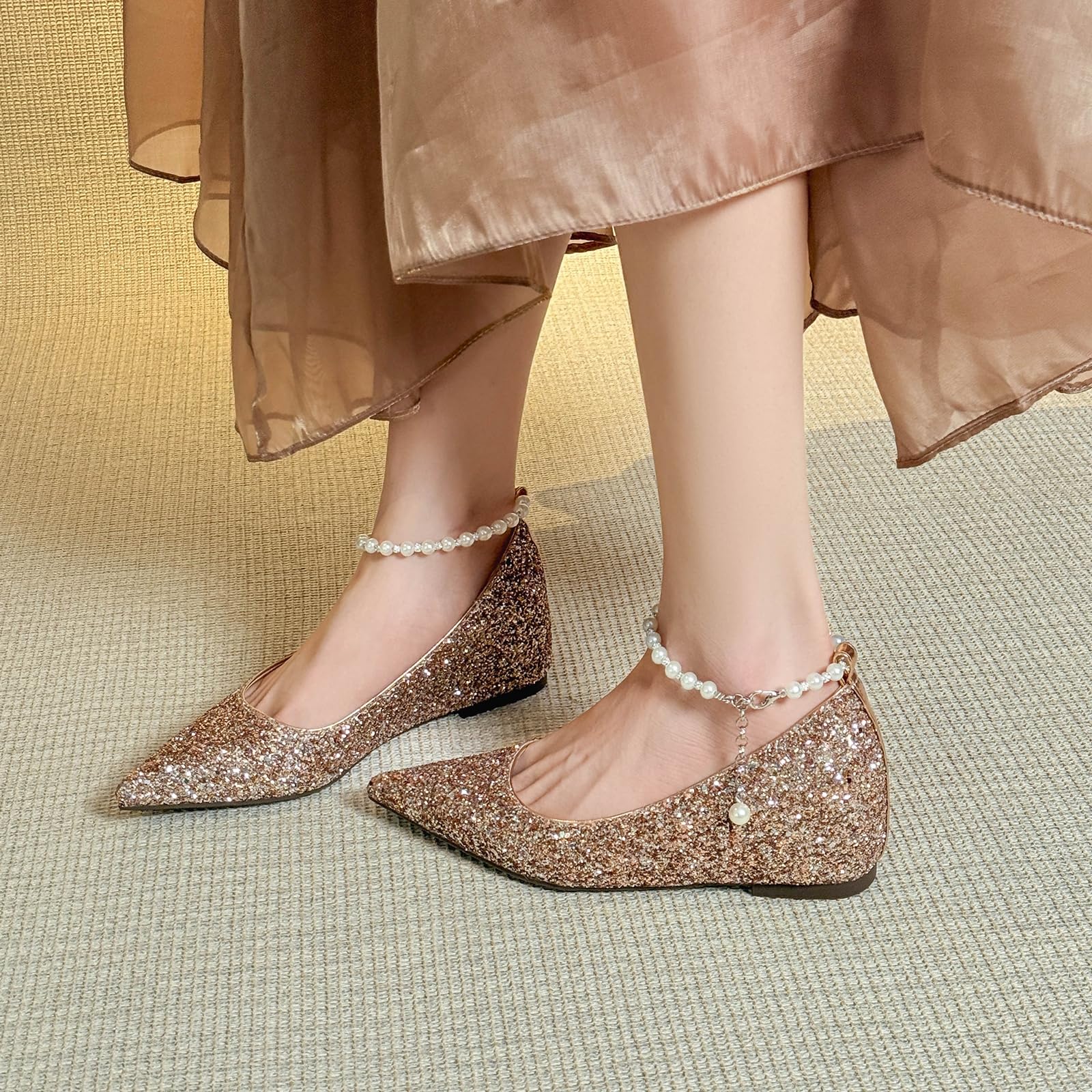 Buty ślubne bez zmęczenia, płaskie, 5 cm, ukryty obcas klinowy, łańcuszek z pereł, buty dla panny młodej, wygodne buty do biegania do tańca, błyszcząca tkanina