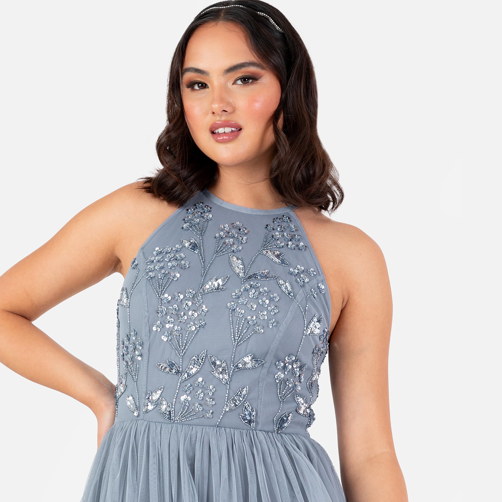 Maya Deluxe Women's Maxi Dress Ladies Halterneck Sleeveless Floral Sequin Embellished Tulle A-Line Bridesmaid Prom Ball Gown Dress Mujer (Pack de 1)