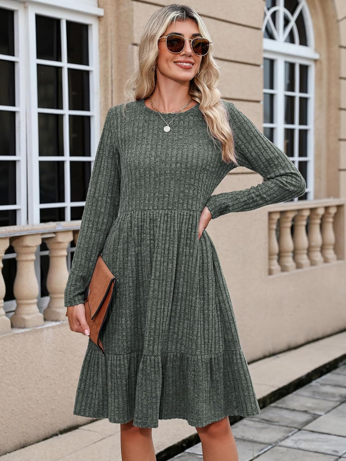 Berydress Fall Sweater Dresses for Women 2025 Long Sleeve Crewneck Flowy Babydoll Winter Casual Midi Dress with Pockets - Image 6