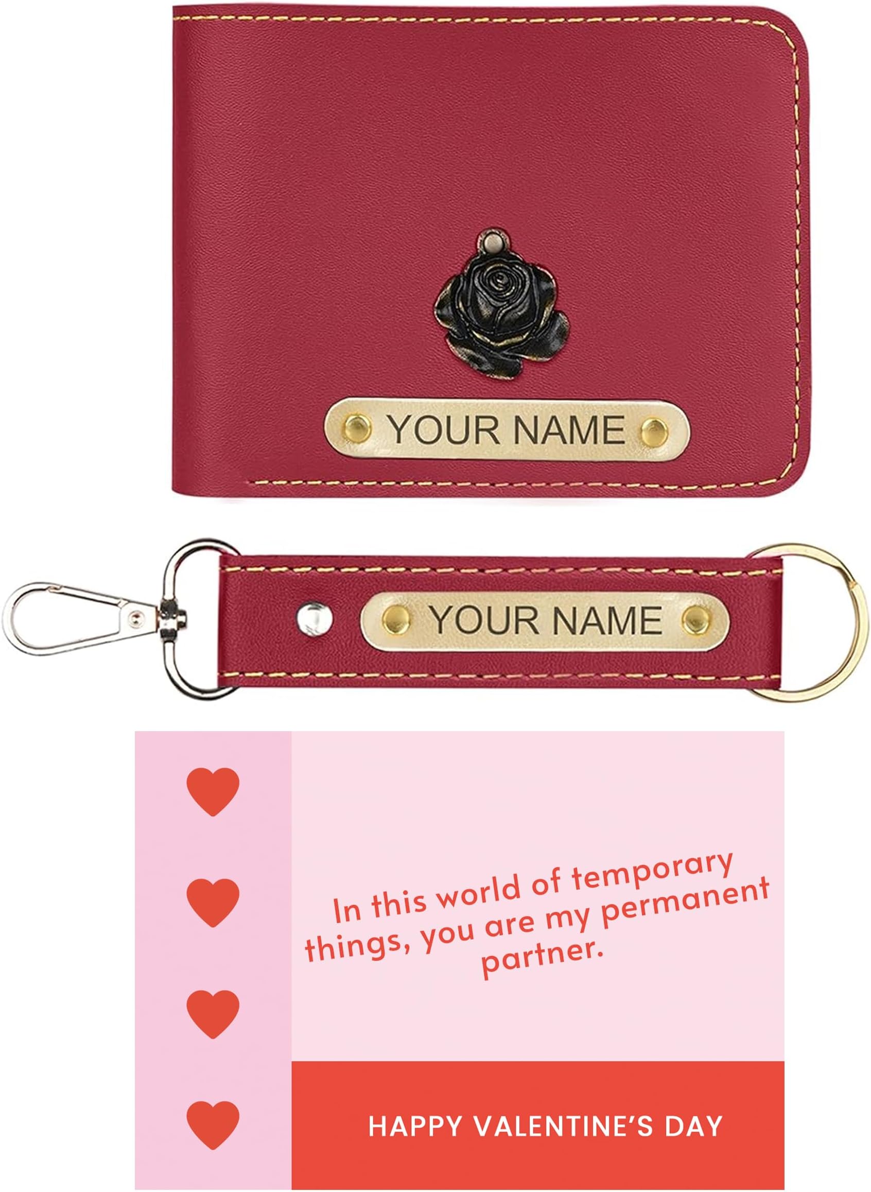 Personalized Wallet & Keychain Combo with Name & Charm 2 in 1 Gift Set | Best for Valentine's Day Gifting | with Free Personalized Greeting Card (Red)