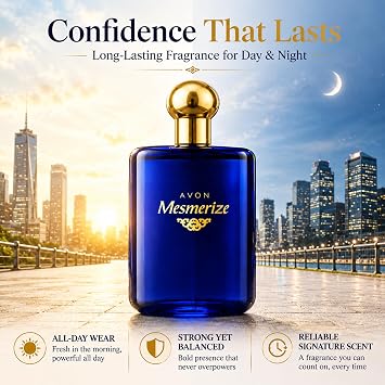 عطر AVON Mesmerize Cologne Spray طويل الأمد للرجال بخشب الصندل والعنبر الدافئ، عطر كلاسيكي للرجال، عطر للرجال، للاستخدام اليومي والهدايا، 3.4 أونصة سائلة، مقاس مناسب للسفر