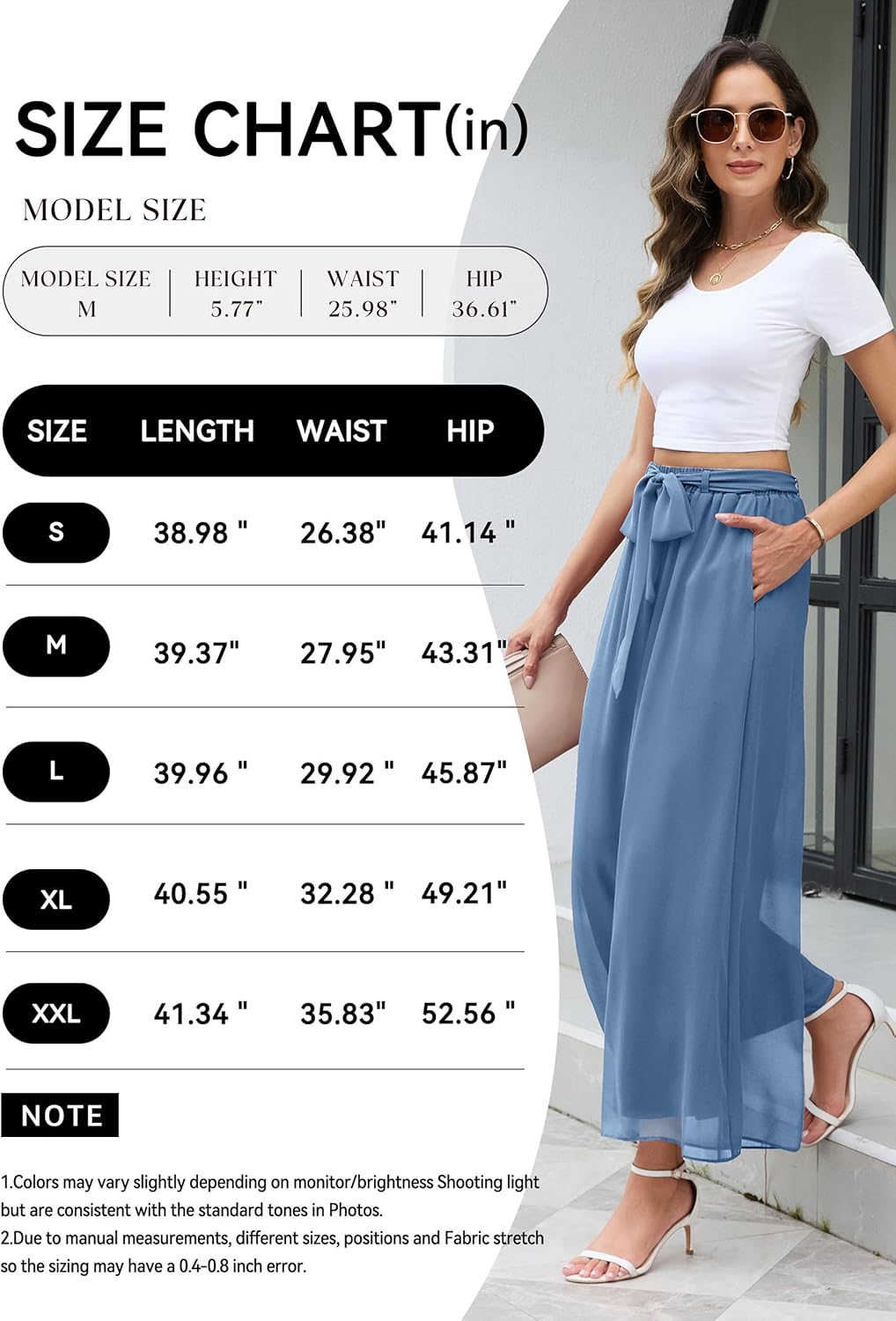 WANGZHI Women's Wide Leg Chiffon Dress Pant Elegant Party Elastic Waist Trouser with Pockets - Image 6